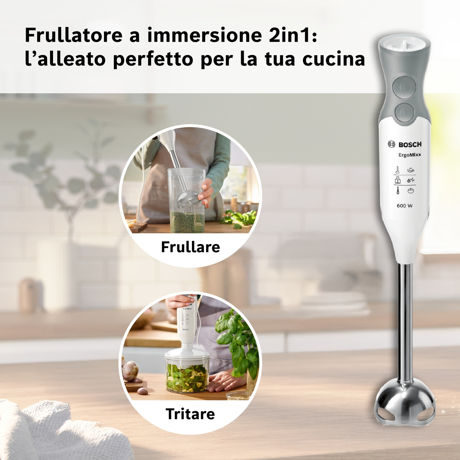 Un frullatore a immersione Bosch con accessori per frullare e tritare, su un piano cucina.