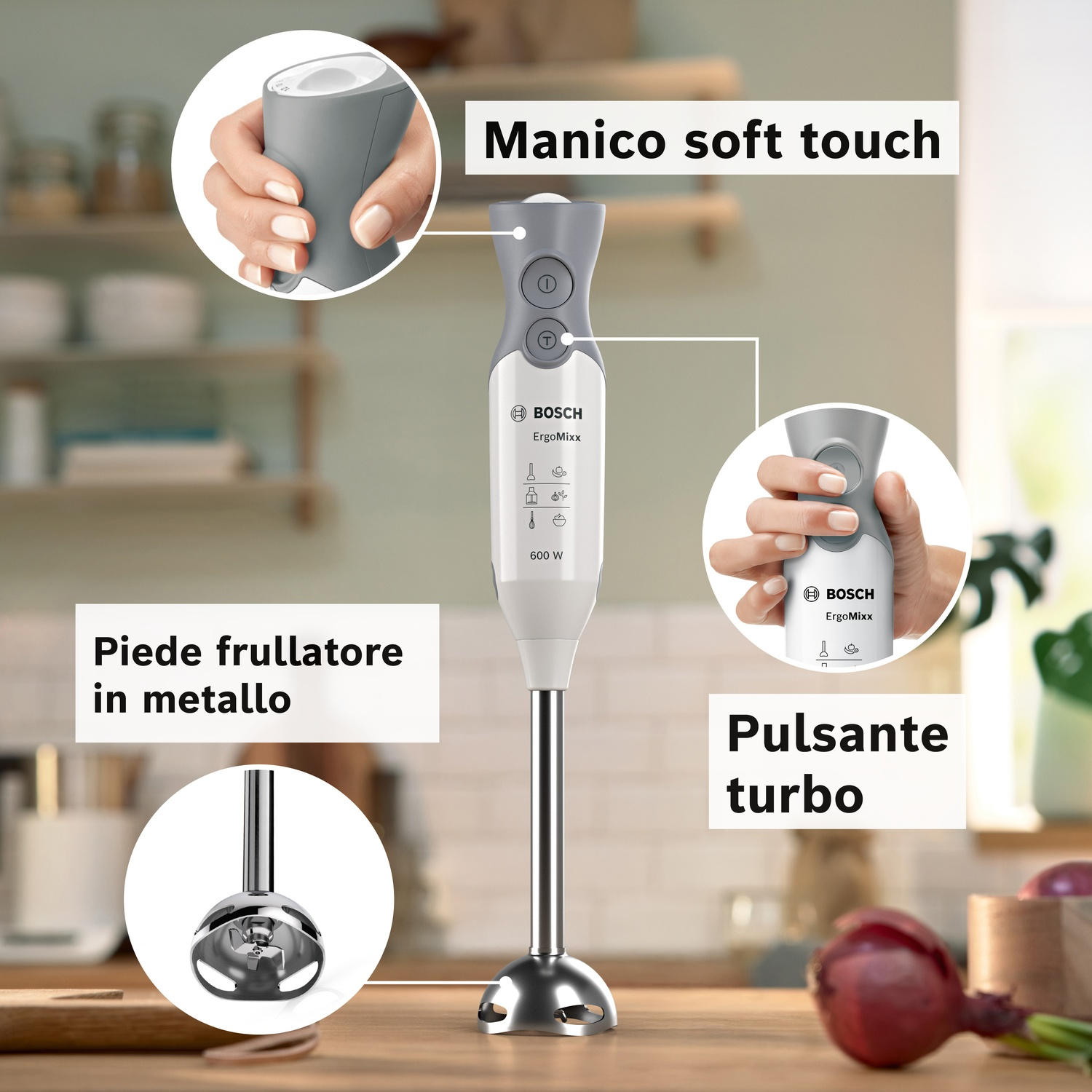 Frullatore a mano Bosch con piede in metallo e manico soft touch.