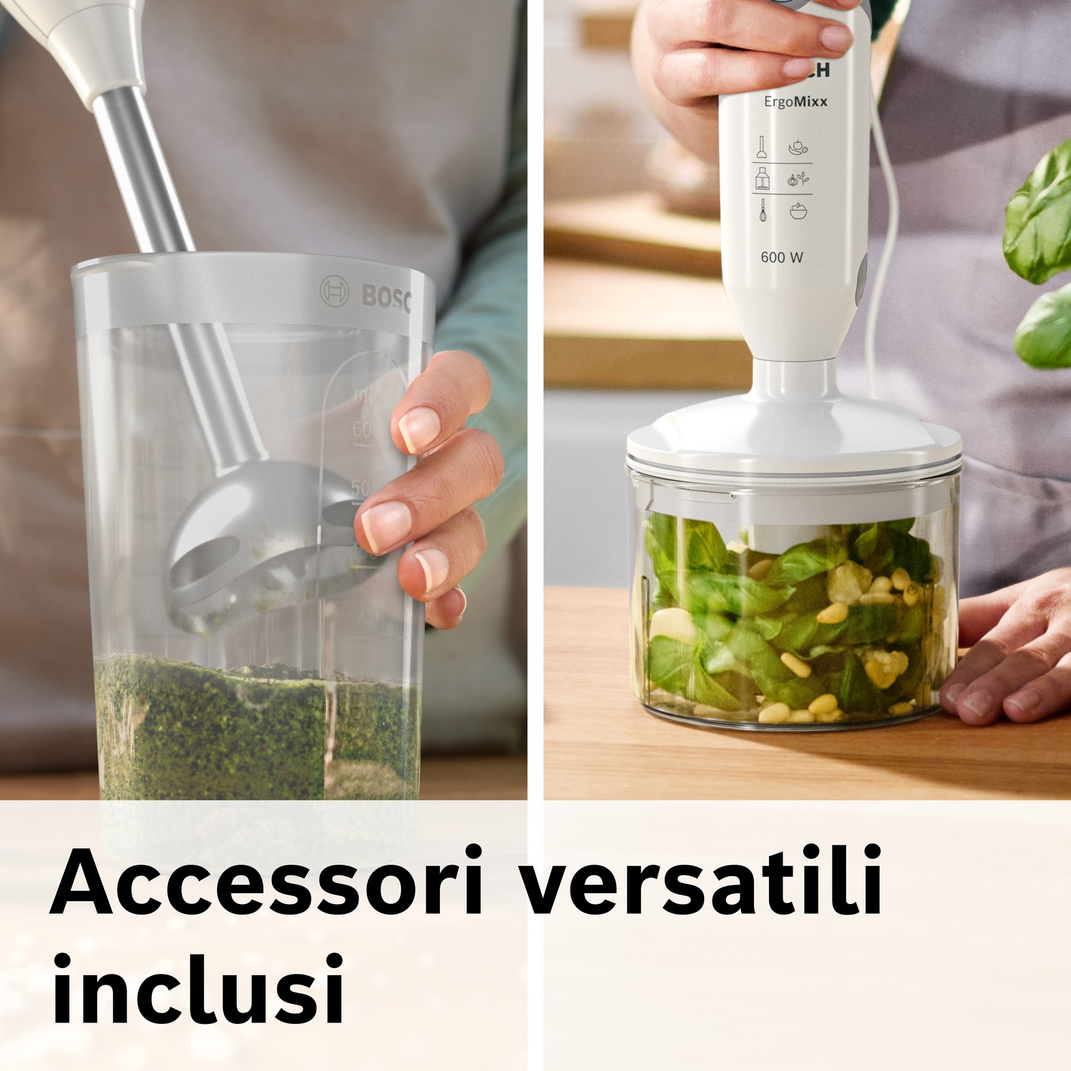 Un frullatore a immersione con accessori trita erbe e noci.