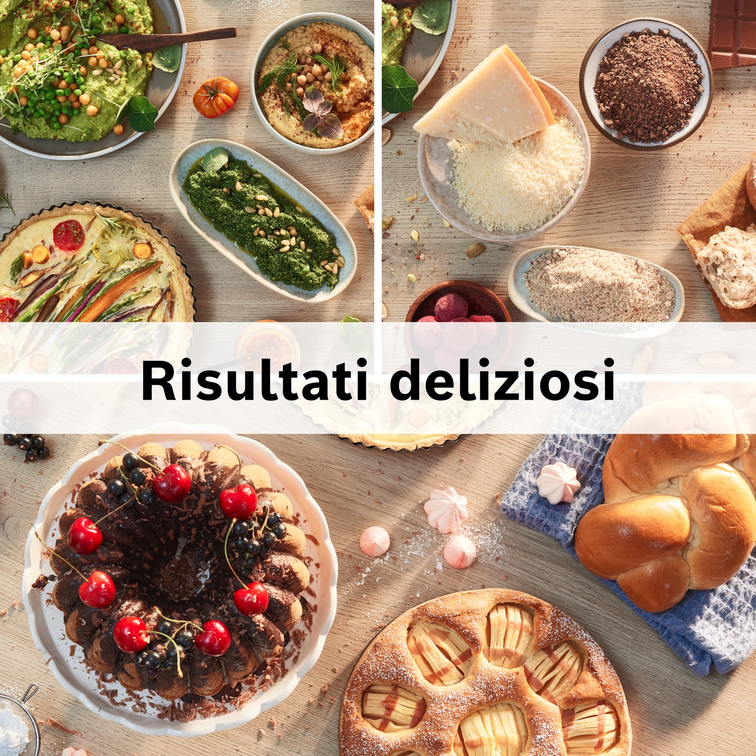 Immagini cibo: torta, pane, crostata, hummus, pesto e formaggio su tavolo legno.