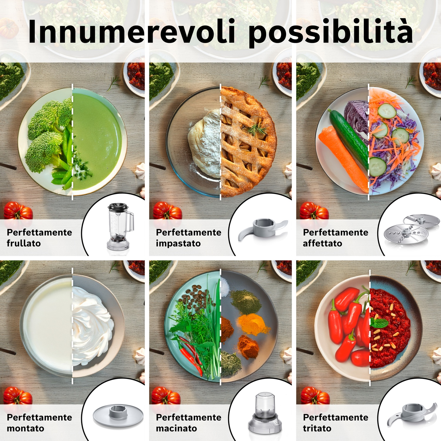 Sei preparazioni alimentari: zuppa, torta, insalata, panna, spezie, salsa piccante.