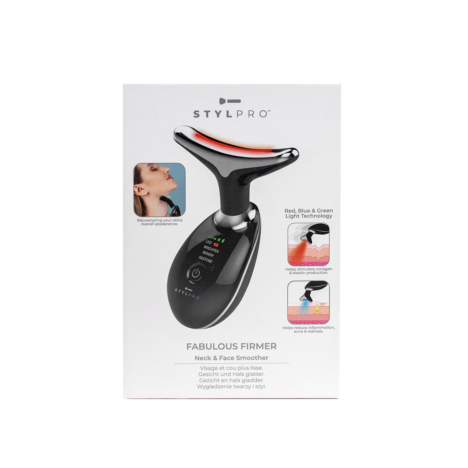 Dispositivo StylPro Neck & Face Smoother con tecnología LED e imágenes.