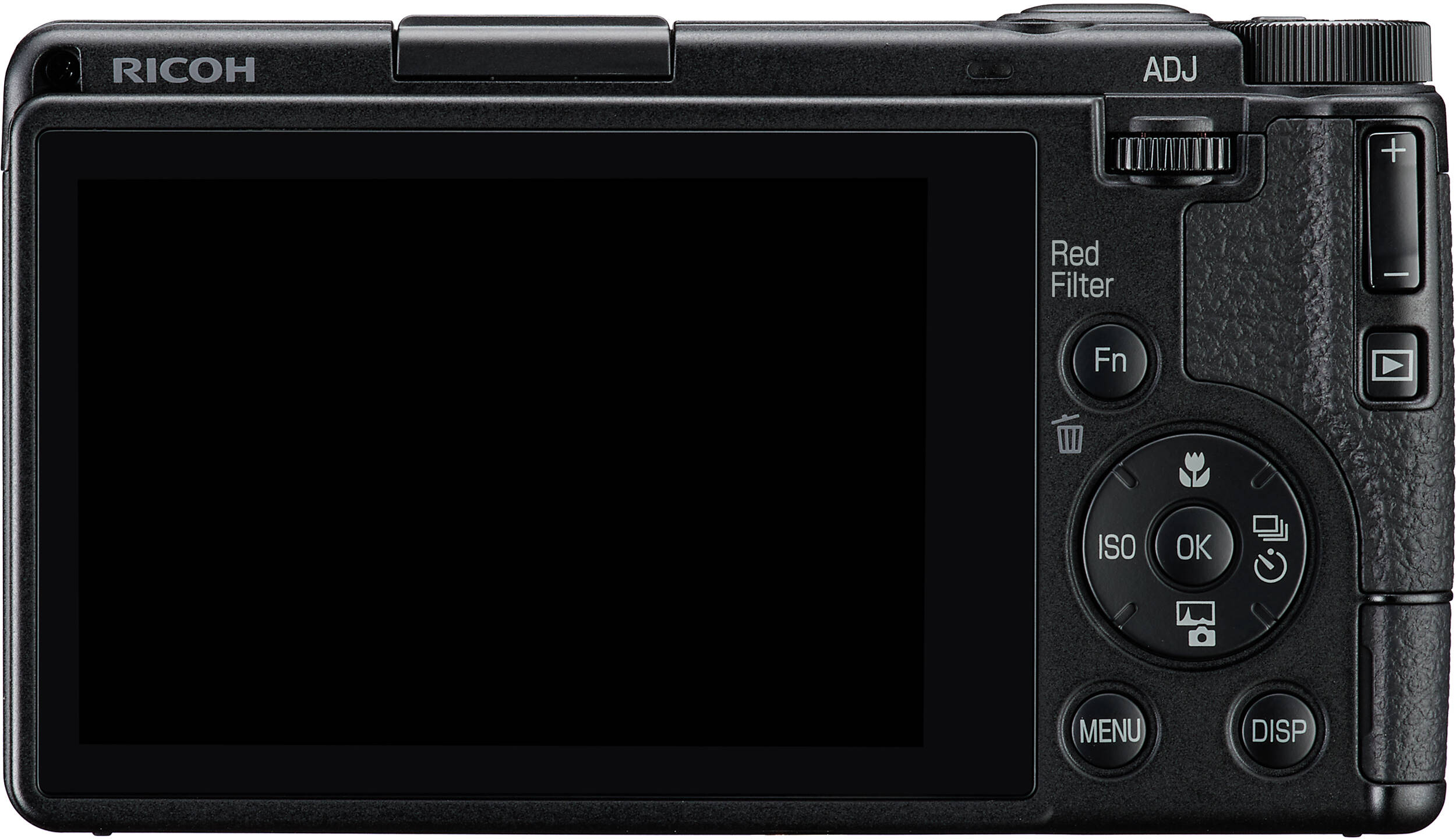 Arrière d'un appareil photo Ricoh noir avec écran LCD et boutons de commande.