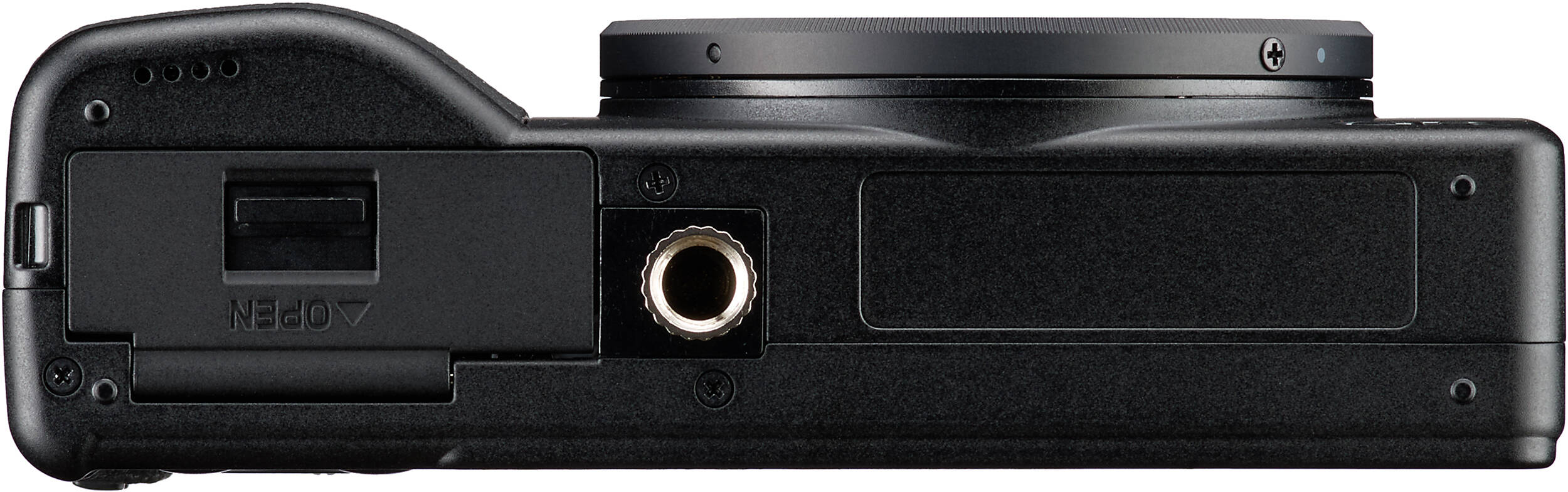 Appareil photo noir avec ports et trous de ventilation.