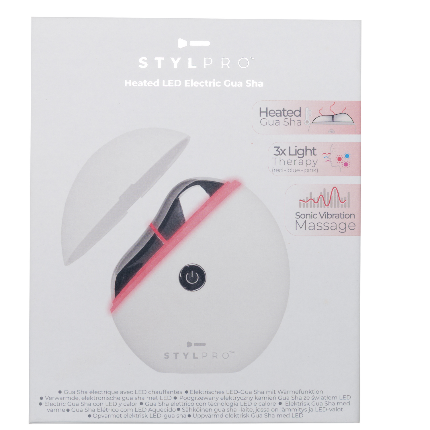 Stylpro Heated LED Electric Gua Sha. Dispositivo blanco con acento rojo. Caja con info.