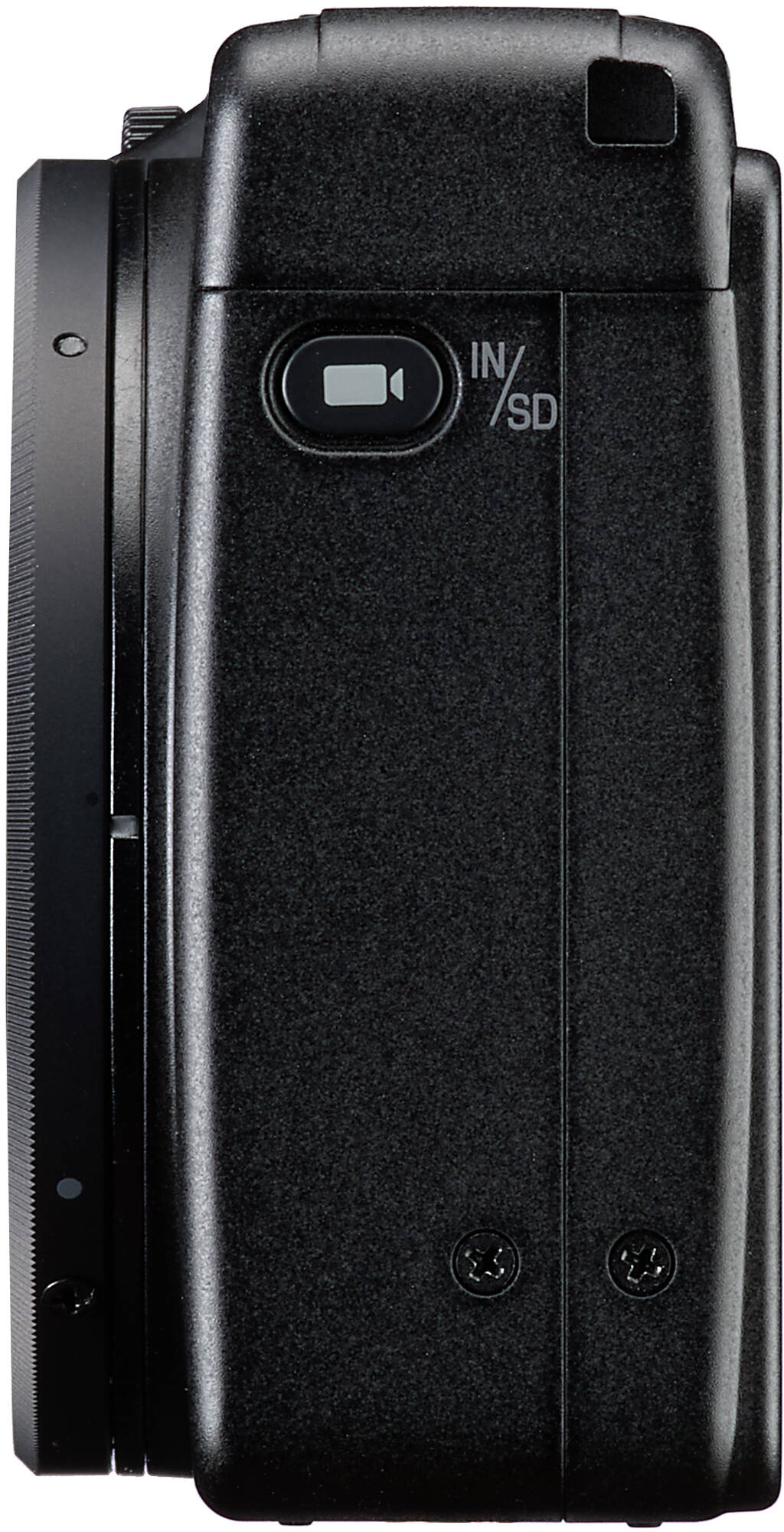 Appareil photo noir avec bouton vidéo et icône carte SD.