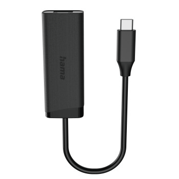 Adaptador USB-C negro con cable y conector sobre fondo blanco.