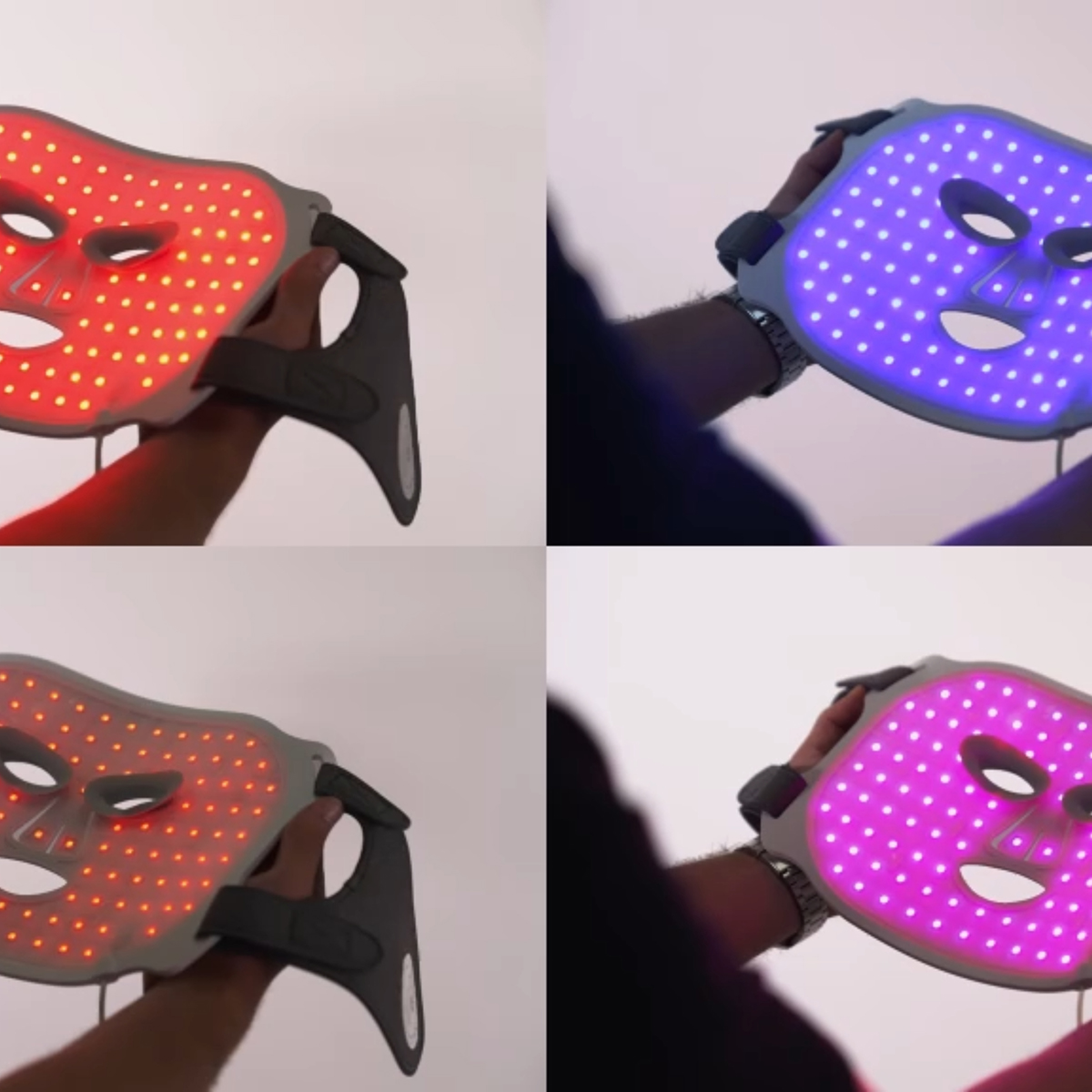 Cuatro vistas de una mascarilla facial LED en rojo, azul y morado.