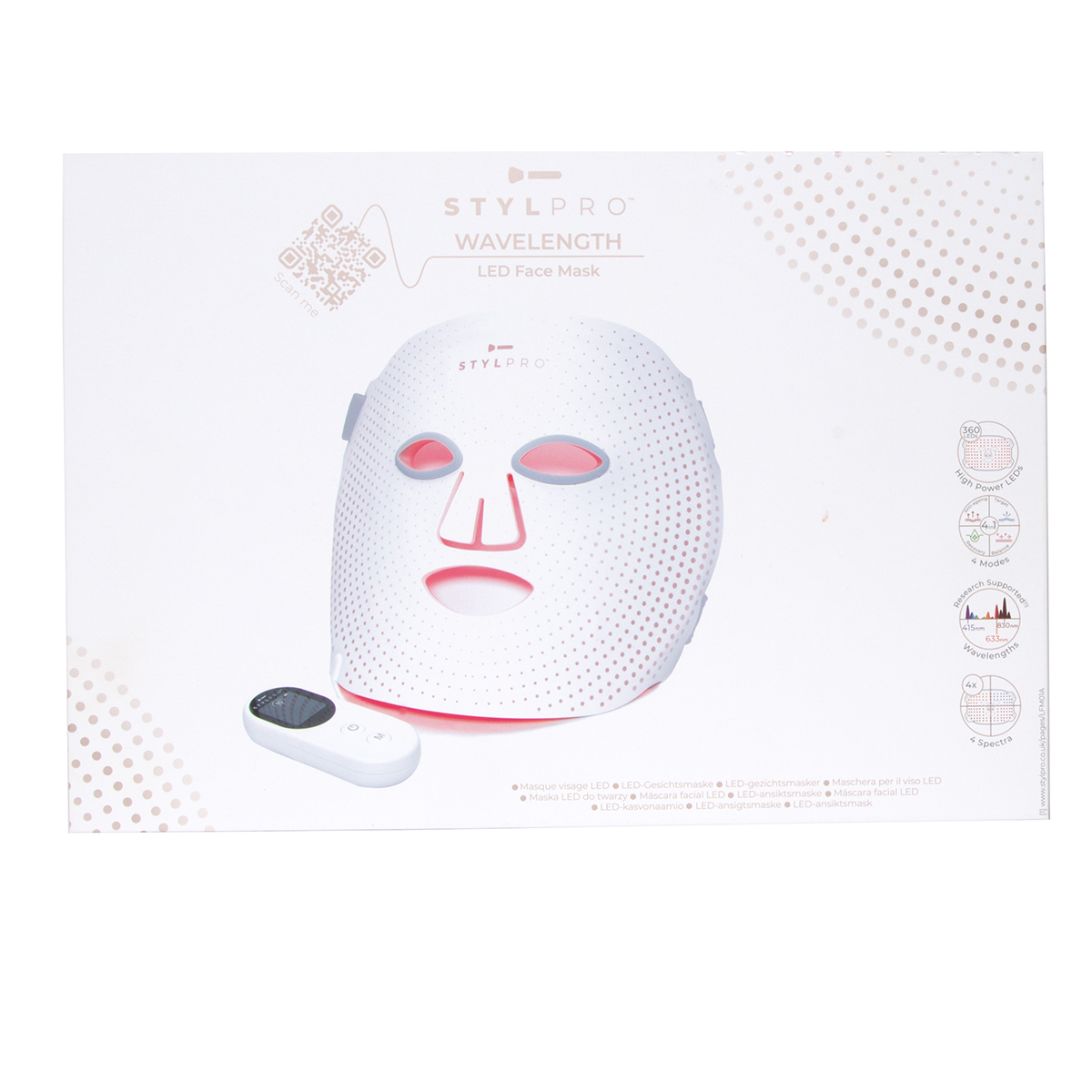 Una mascarilla facial LED blanca con mando en su embalaje.
