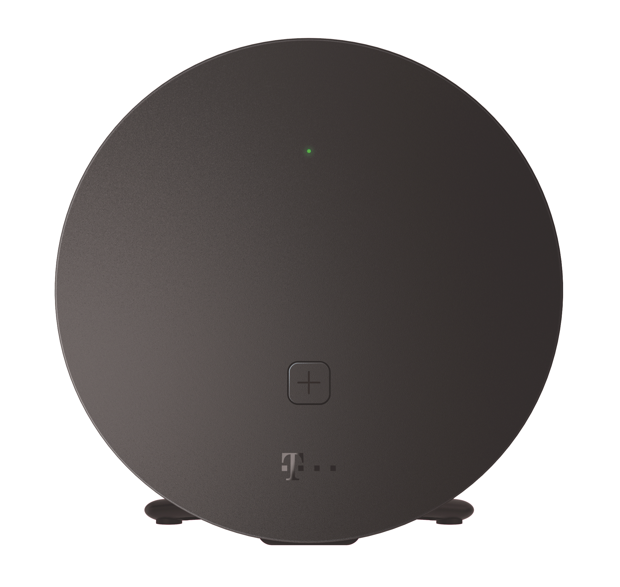 Ein dunkler, runder Router mit einem grünen Licht und einem Plus-Symbol.