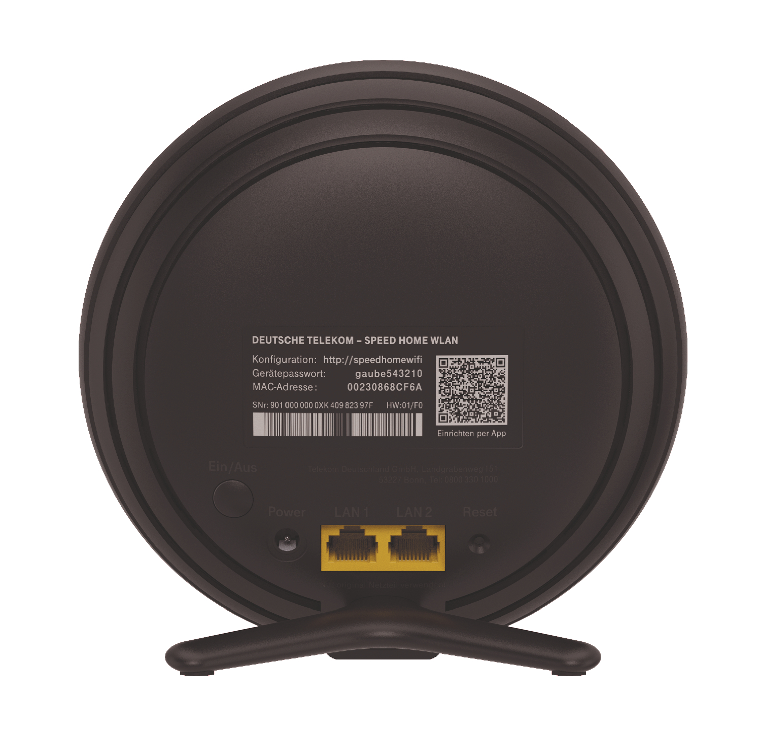 Rückseite eines schwarzen Speed Home WLAN Routers mit Anschlüssen.