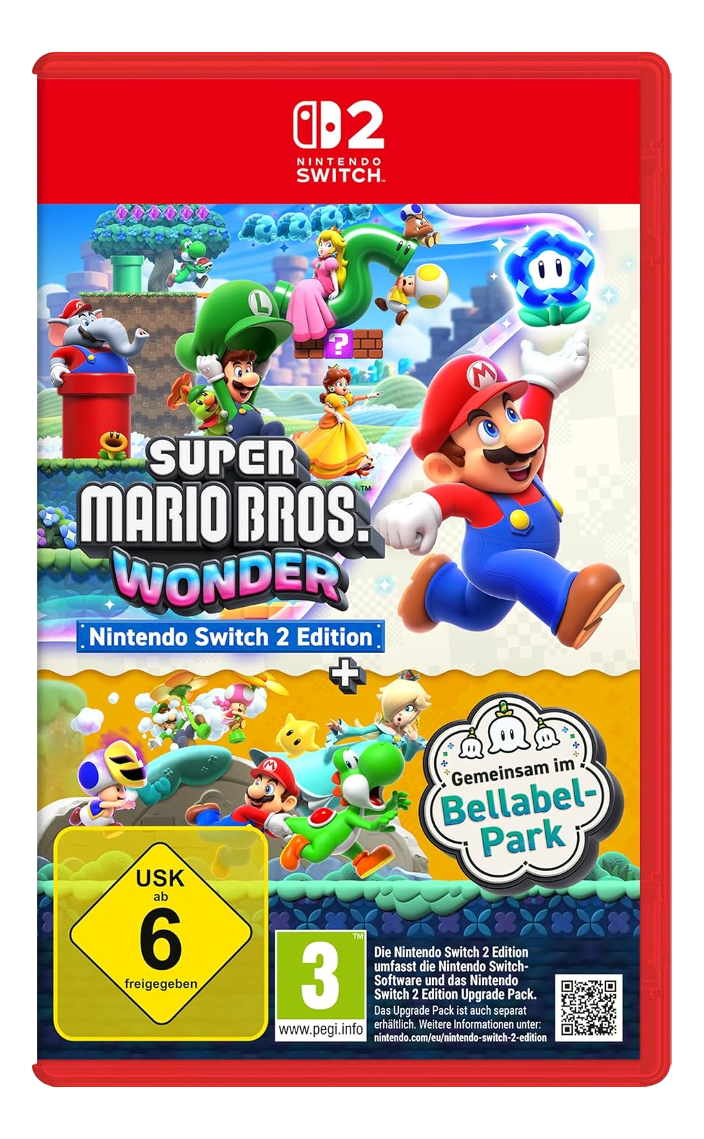Copertina di Super Mario Bros. Wonder Nintendo Switch 2 Edition con Mario, Luigi, Peach, Yoshi.