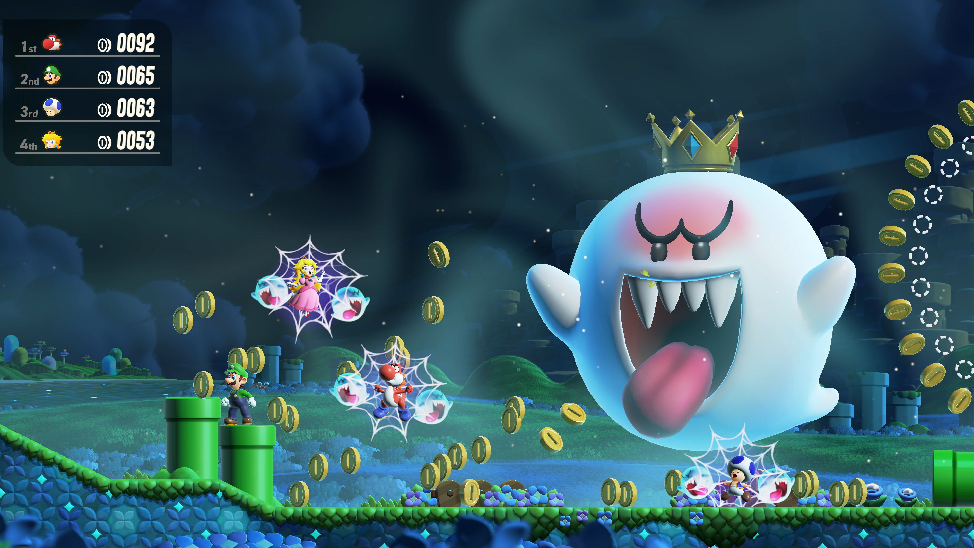 Luigi, Toad, Peach, Yoshi e un grande Boo in un livello notturno.