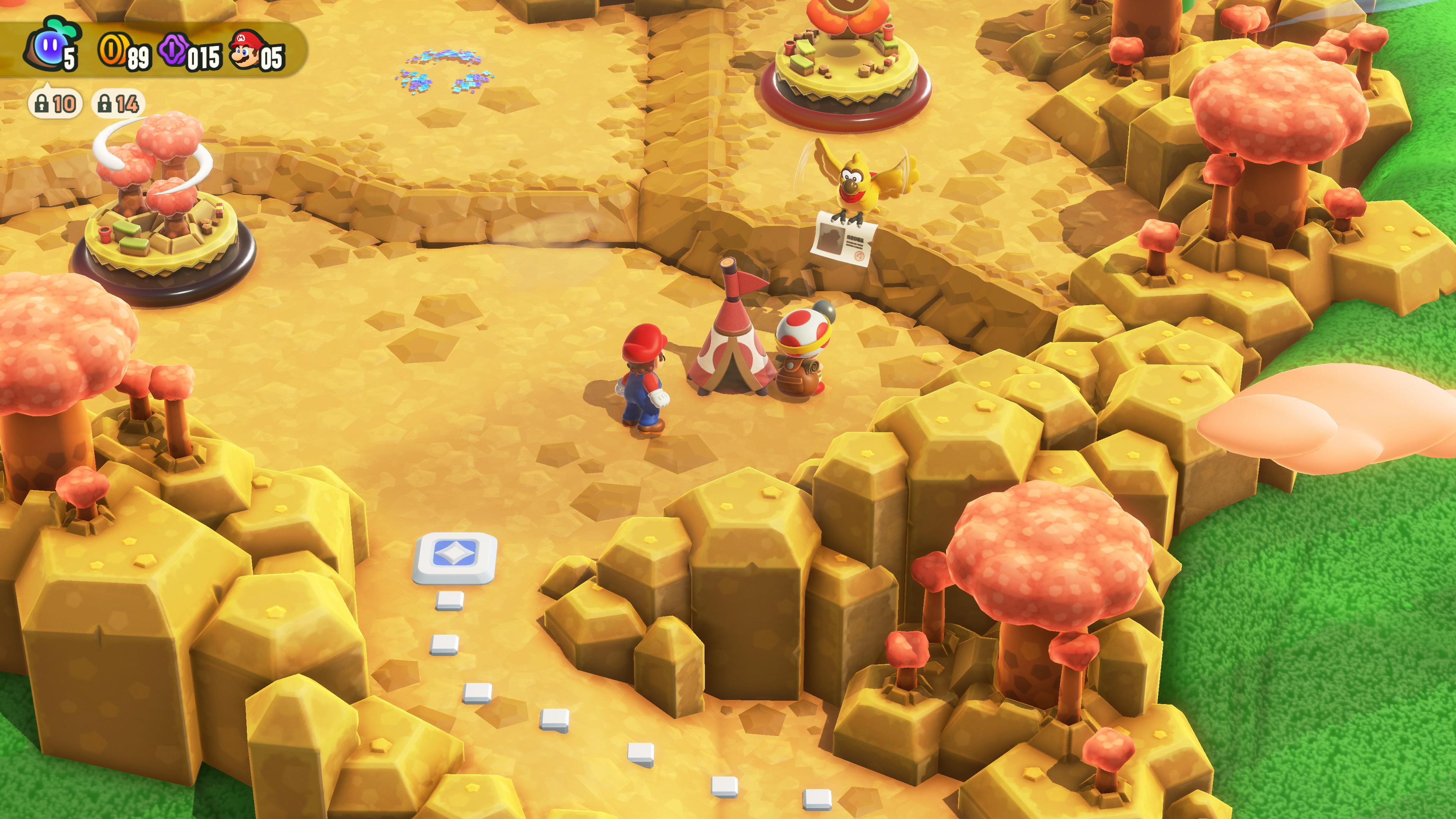 Mario e Toad si trovano su un paesaggio sabbioso con funghi e torte.