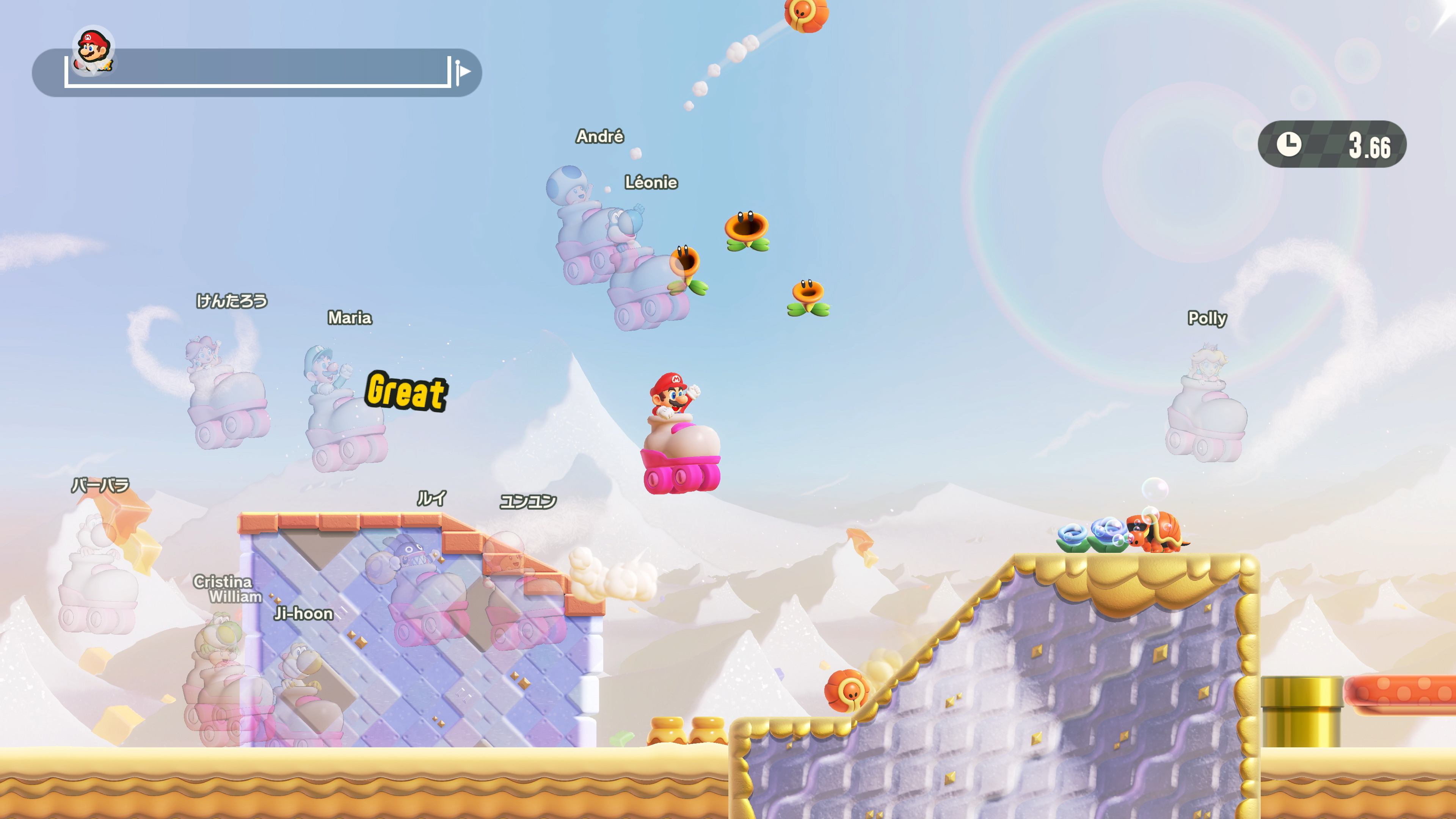 Personaggi di Mario su piattaforme fluttuanti in un paesaggio montano innevato.