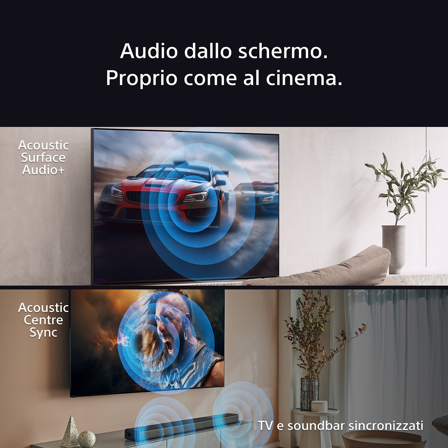 Due TV mostrano auto da corsa e un uomo. Onde sonore indicano l'uscita audio.