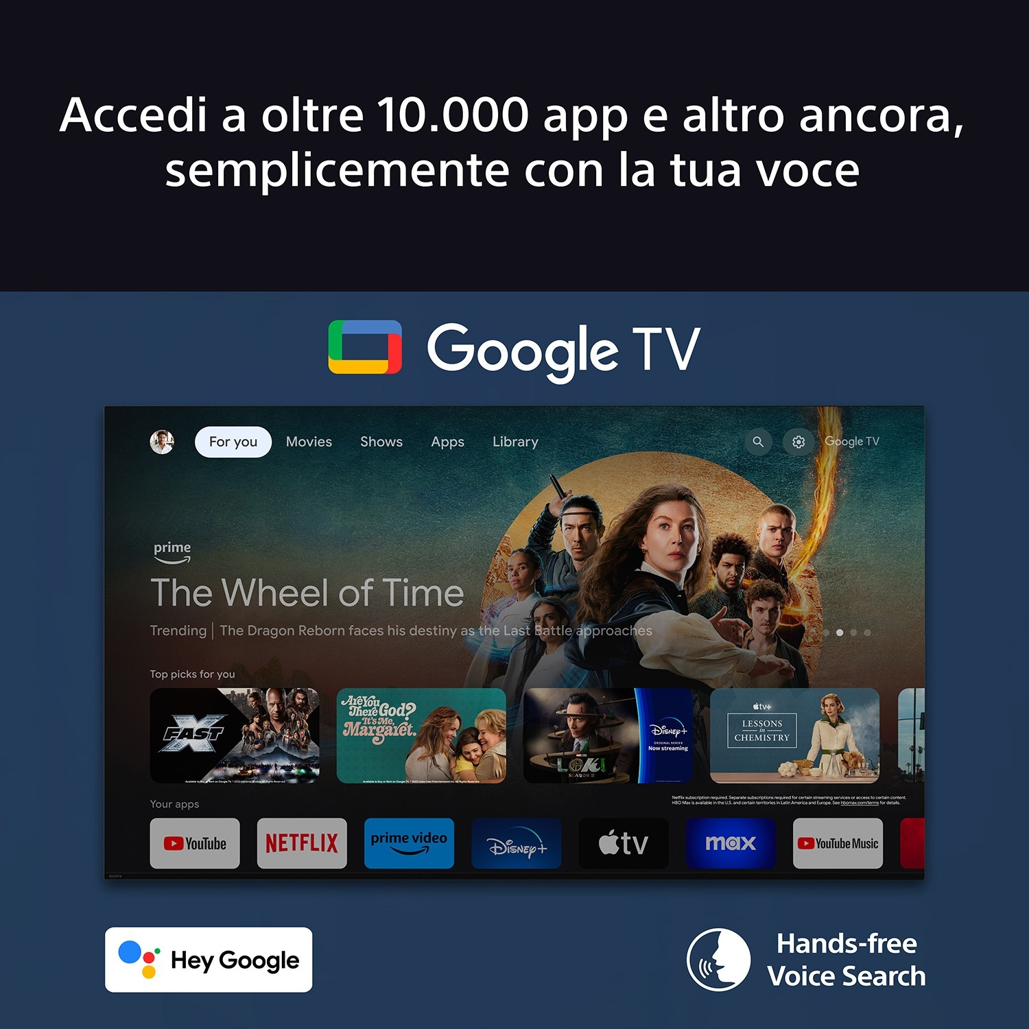 Schermata principale di Google TV con "La Ruota del Tempo" e icone app.