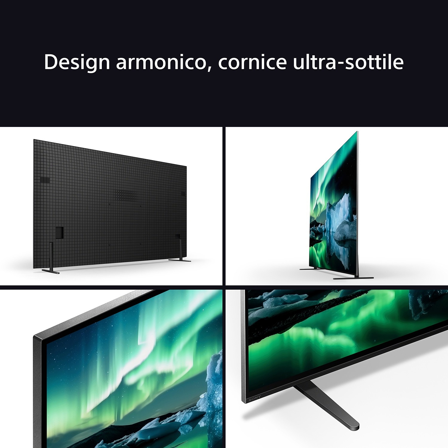 Una TV moderna con cornice sottile che mostra l'aurora boreale.