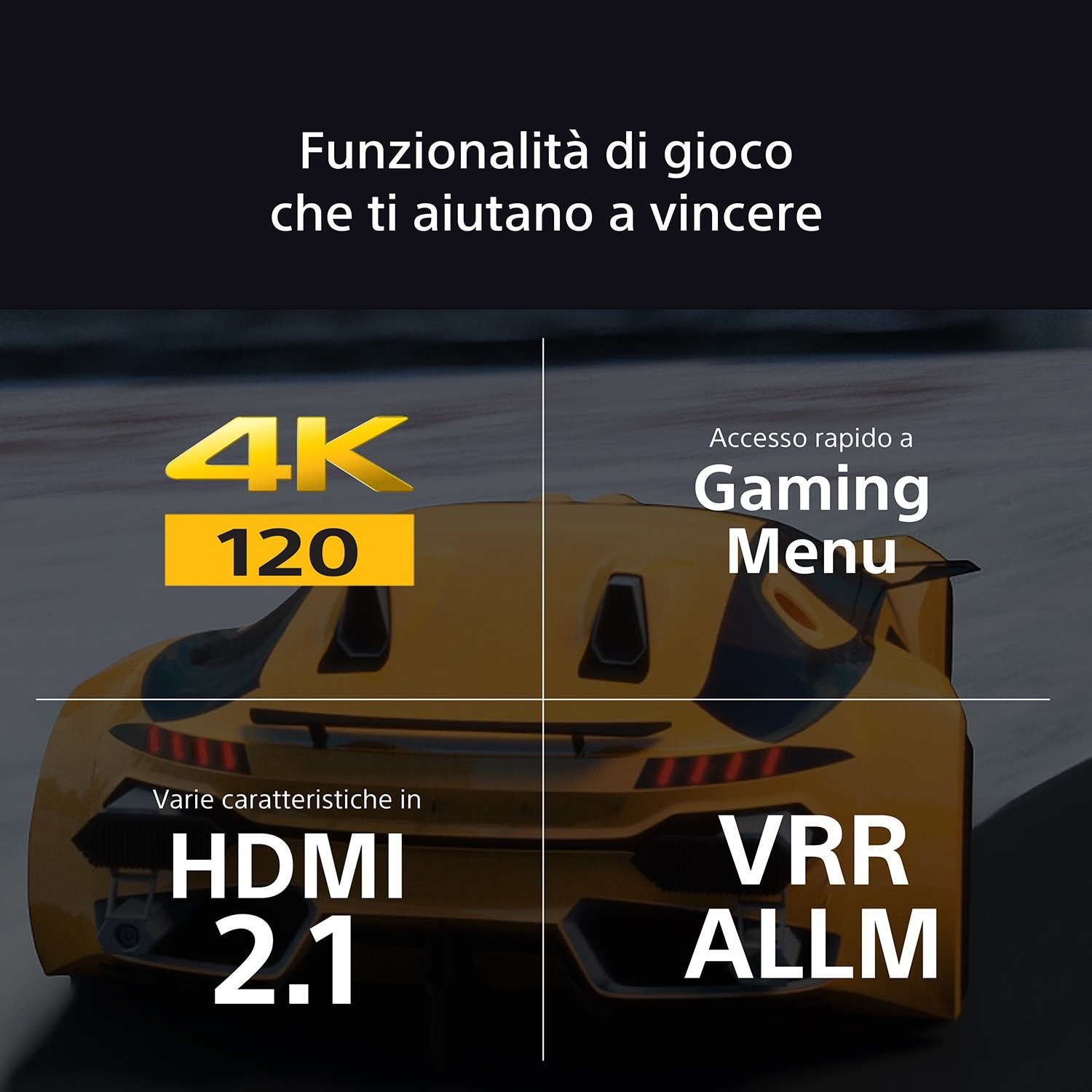 Auto sportiva gialla con testo su 4K 120Hz, Menu Gaming, HDMI 2.1, VRR ALLM.