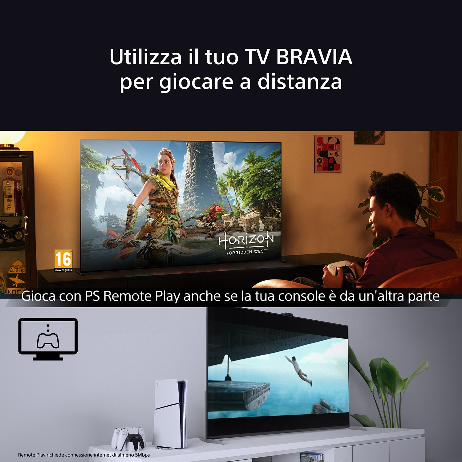 Uomo gioca su TV BRAVIA, scena di gioco con Aloy, console PS5 vicina.