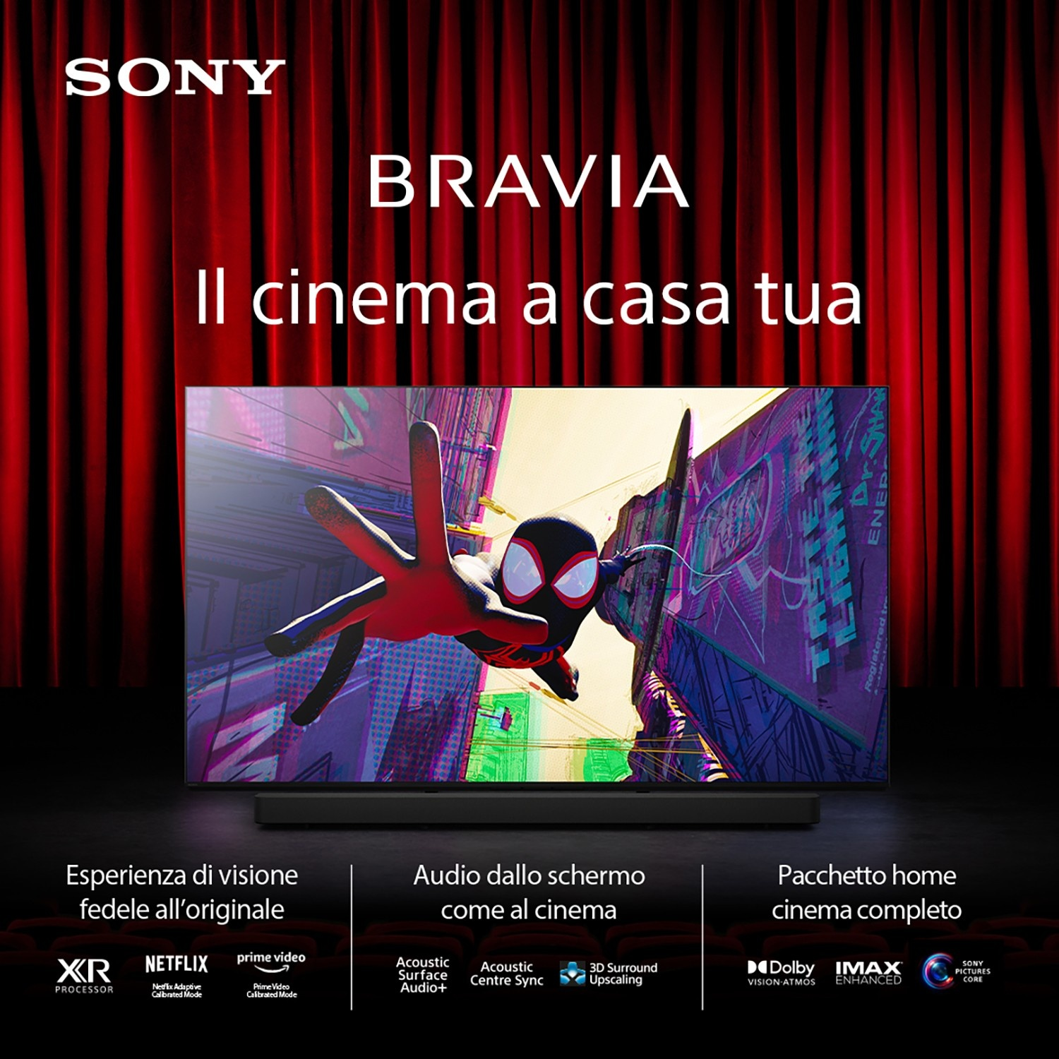 TV Sony Bravia mostra Miles Morales davanti a tenda rossa. Cinema experience a casa.