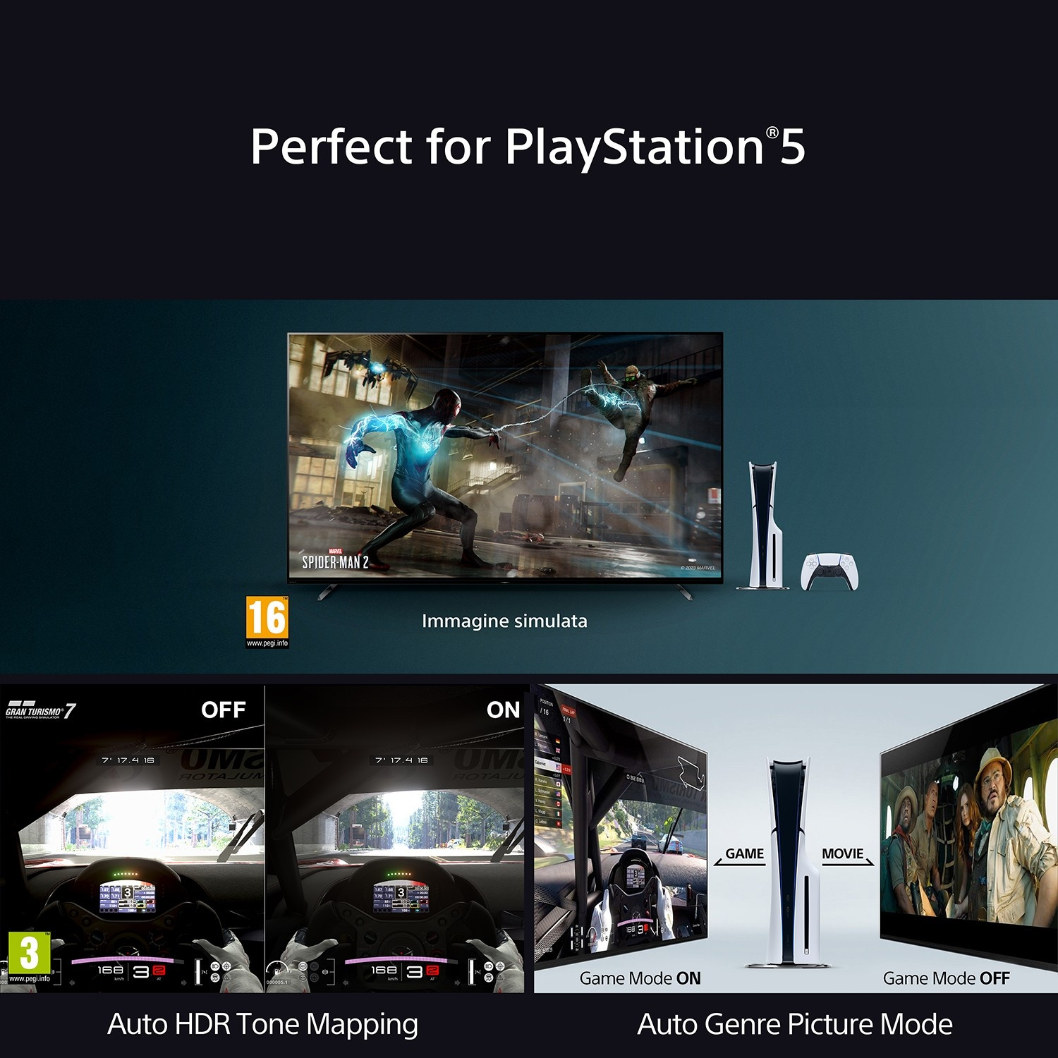 PS5 con Spider-Man 2, Gran Turismo 7 e gameplay film. Confronto HDR e modalità immagine.