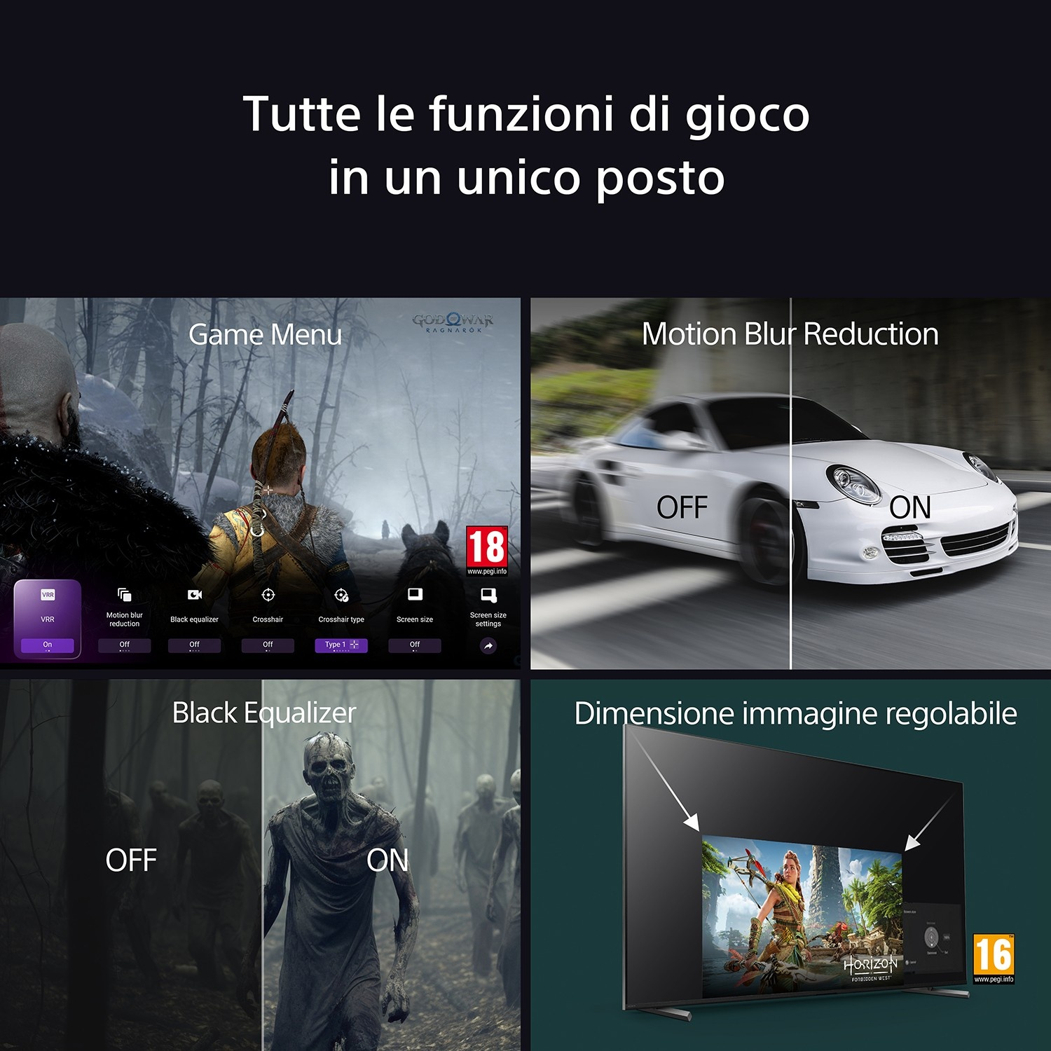 Quattro opzioni menu di gioco: Menu di gioco, Riduzione sfocatura movimento, Equalizzatore nero, Dimensione immagine.