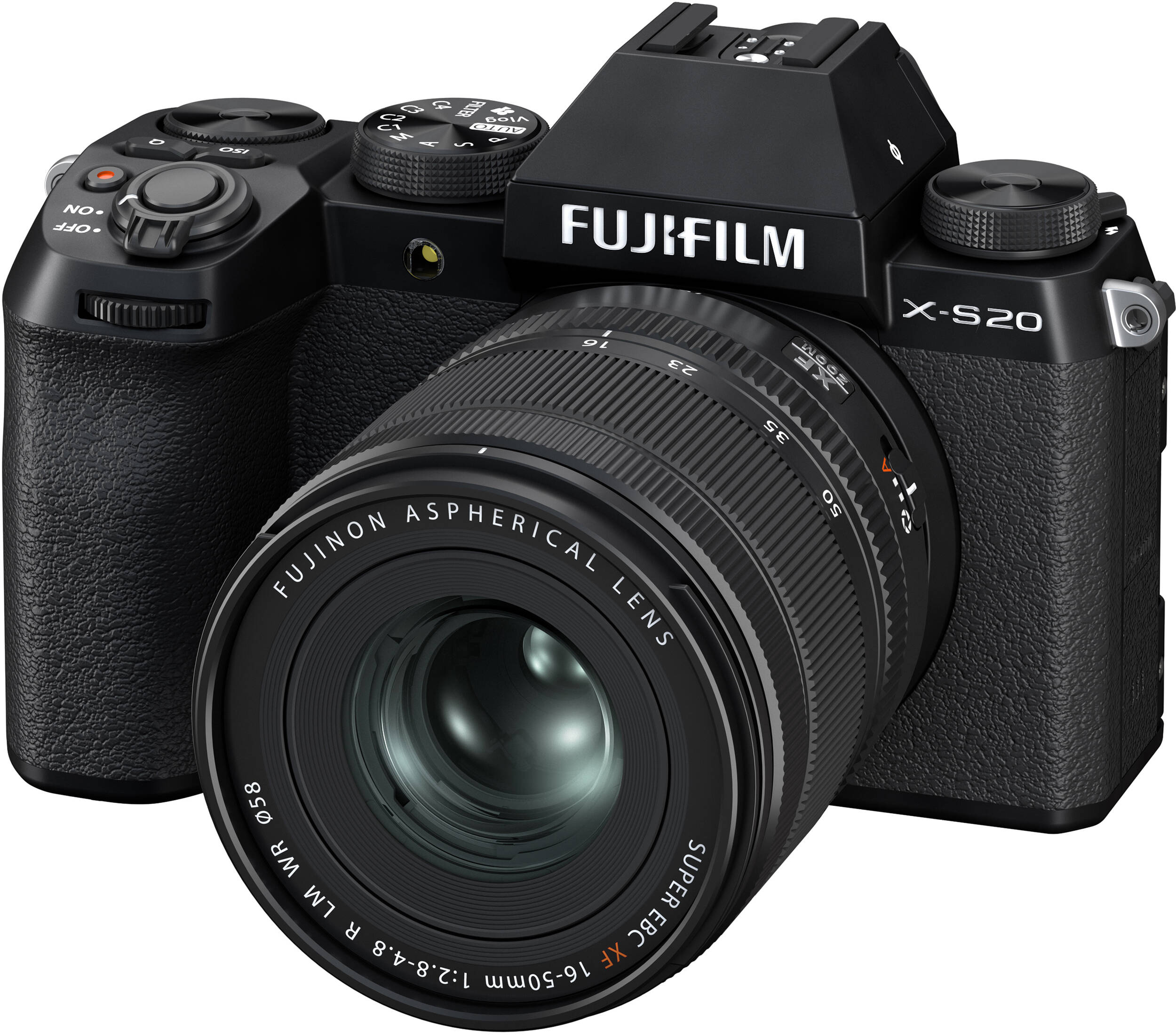 Eine schwarze Fujifilm X-S20 Kamera mit einem Fujinon 16-50mm Objektiv.