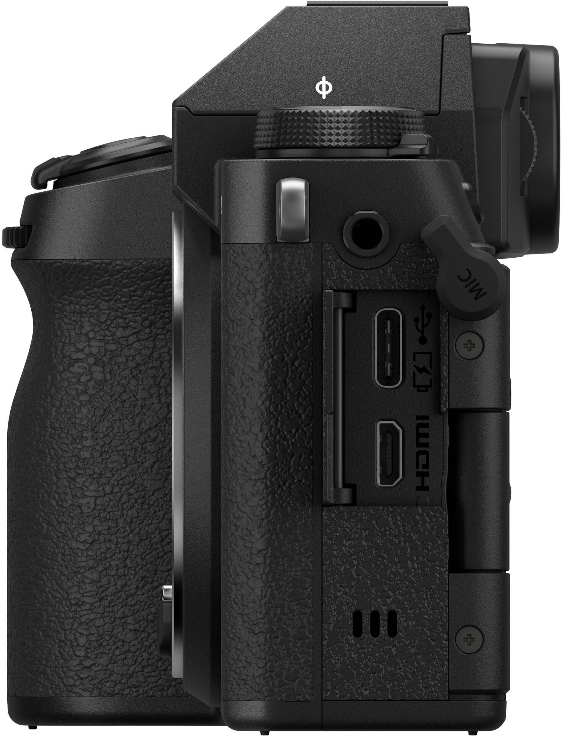 Schwarze Kamera mit Anschlüssen: USB-C, HDMI, Mikrofonanschluss.