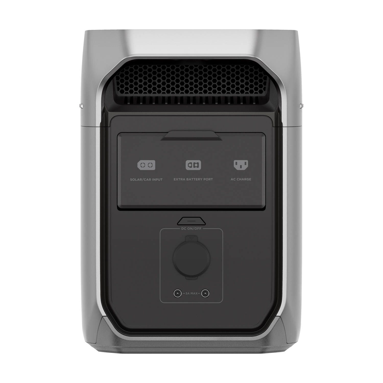 Retro di una centrale elettrica grigia e nera con porte visibili per solare, batteria e ricarica CA.