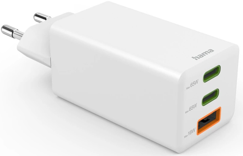 Biały adapter Hama z dwoma portami USB-C i jednym USB-A.