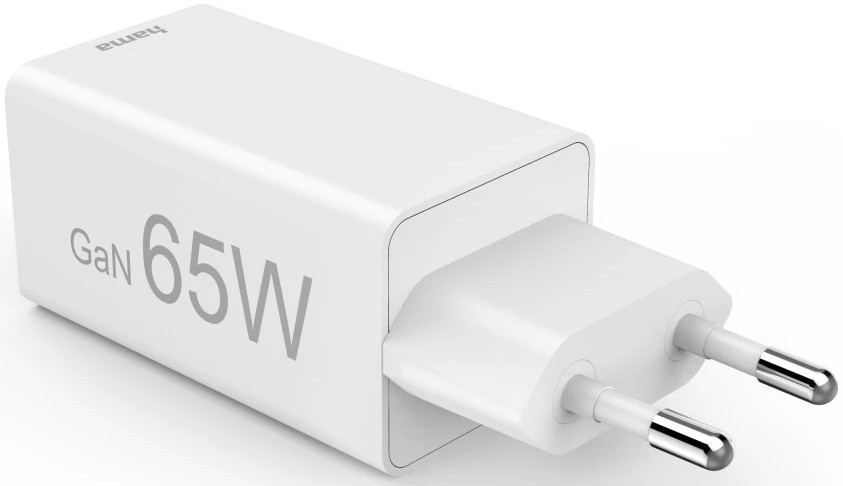 Biała ładowarka GaN 65W z wtyczką.