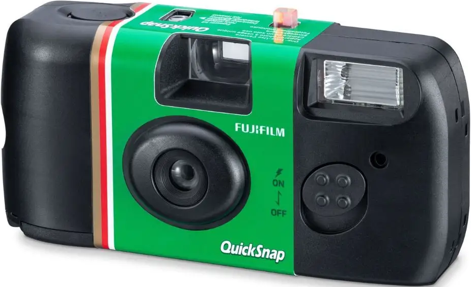 Fujifilm QuickSnap Kamera mit grüner Vorderseite und Blitz.