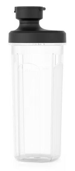 Przezroczysty pojemnik z czarną pokrywką i dzióbkiem.