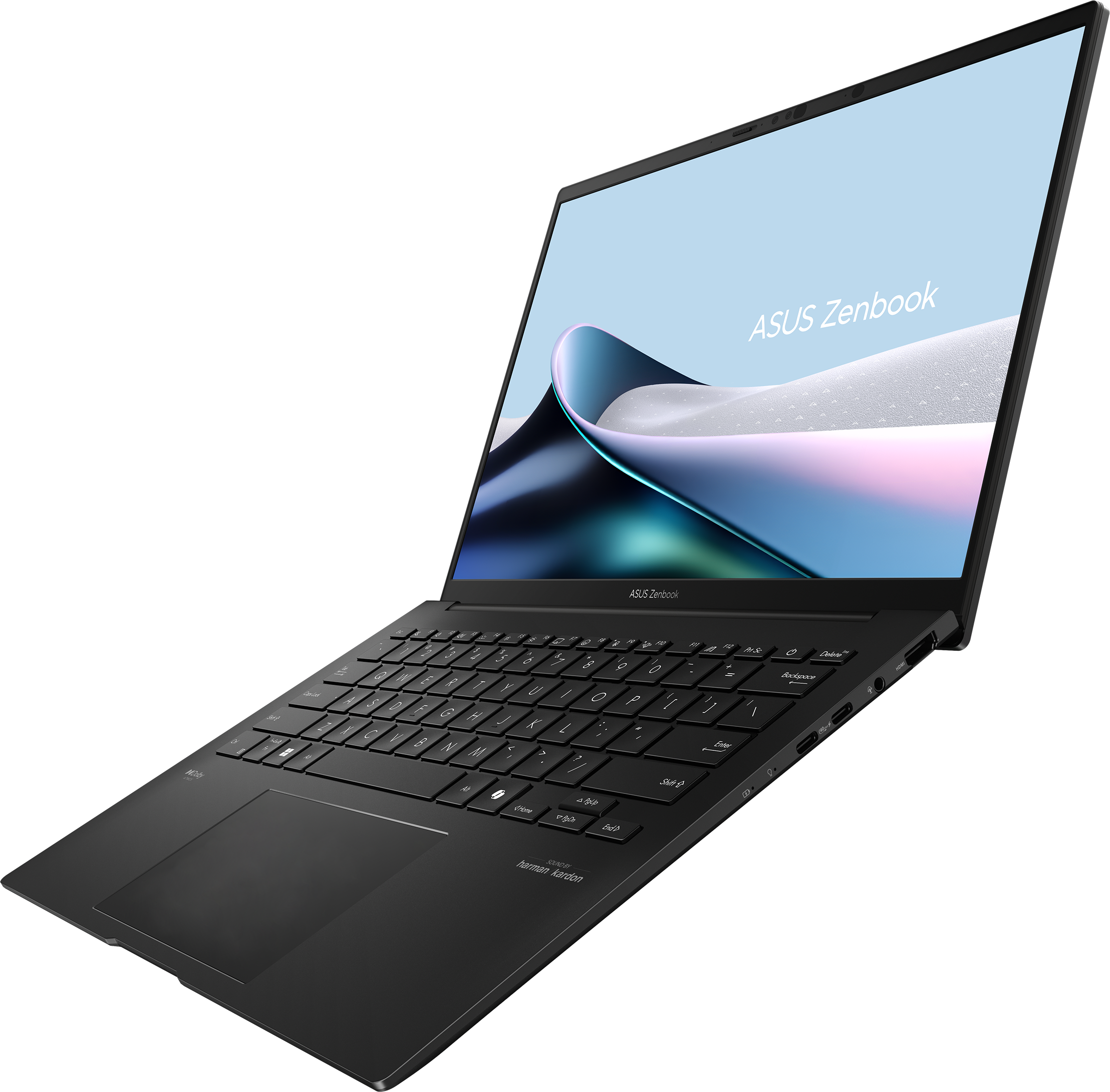 Un laptop ASUS Zenbook nero con tastiera retroilluminata e ampio touchpad.