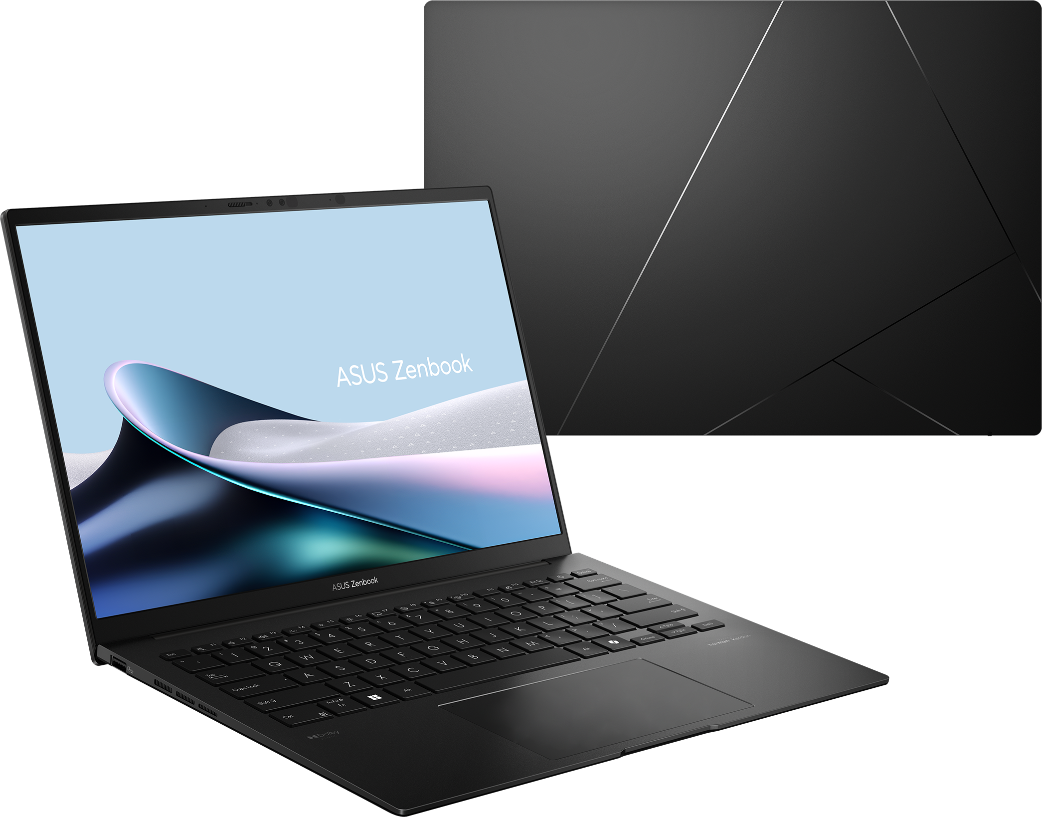 Laptop Asus Zenbook nero con tastiera illuminata e sfondo dinamico.