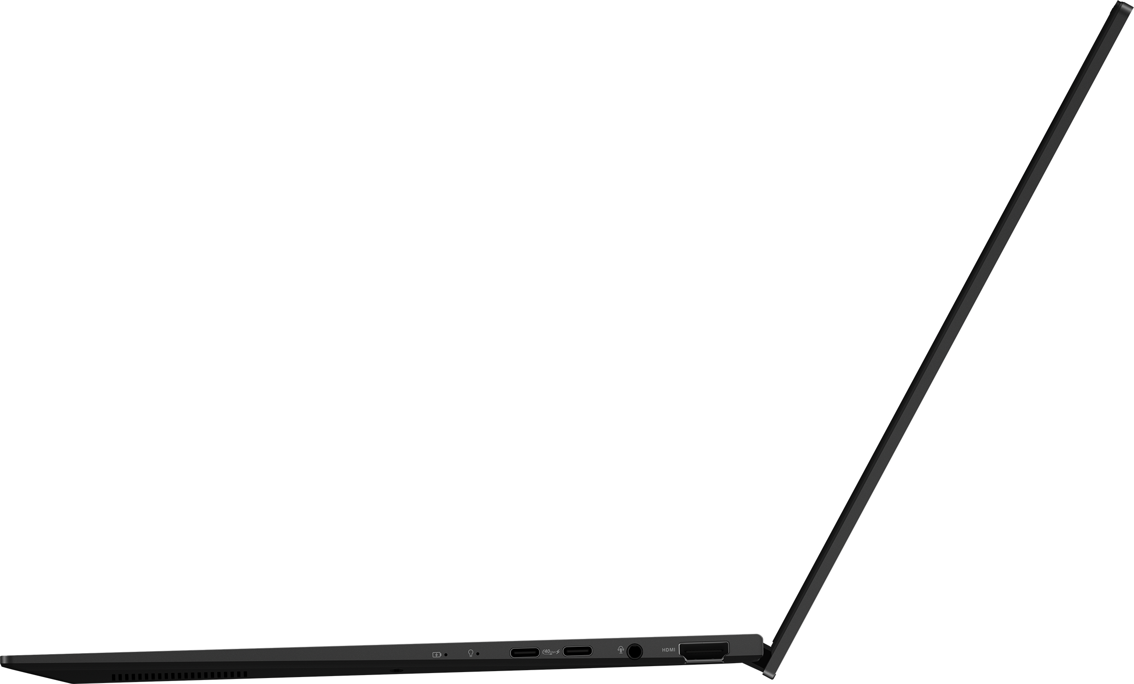 Un laptop grigio scuro è aperto, mostrando porte e tastiera. Lo schermo è inclinato verso l'alto.
