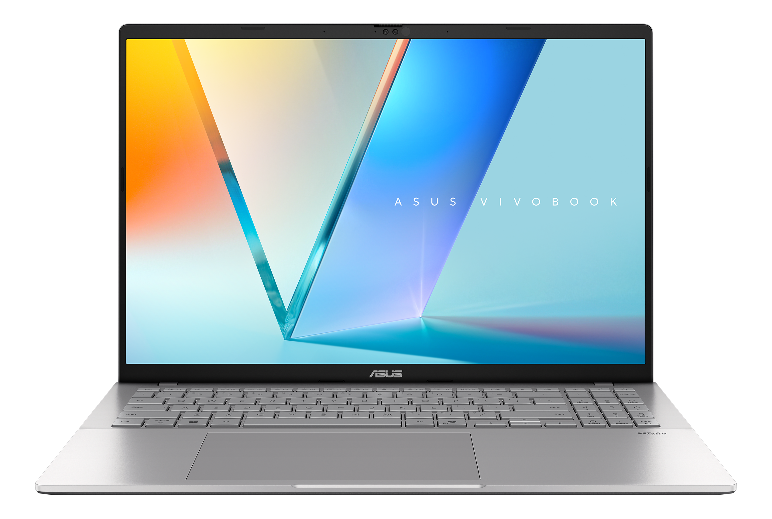 Ein silberner Laptop mit einer Tastatur und einem Bildschirm, der ein abstraktes Design zeigt.