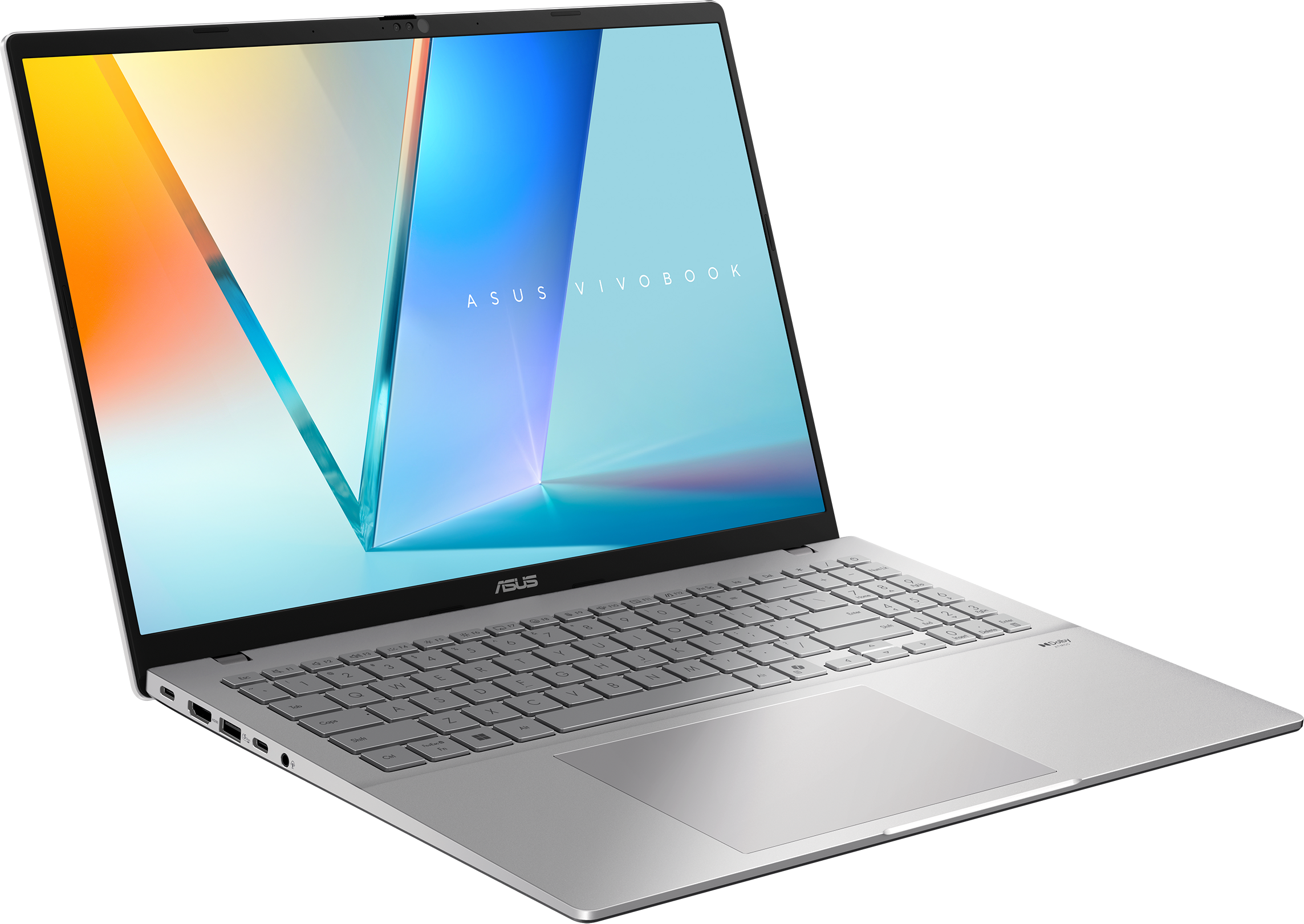 Ein silberner Asus Vivobook Laptop mit einem farbenfrohen Hintergrund.
