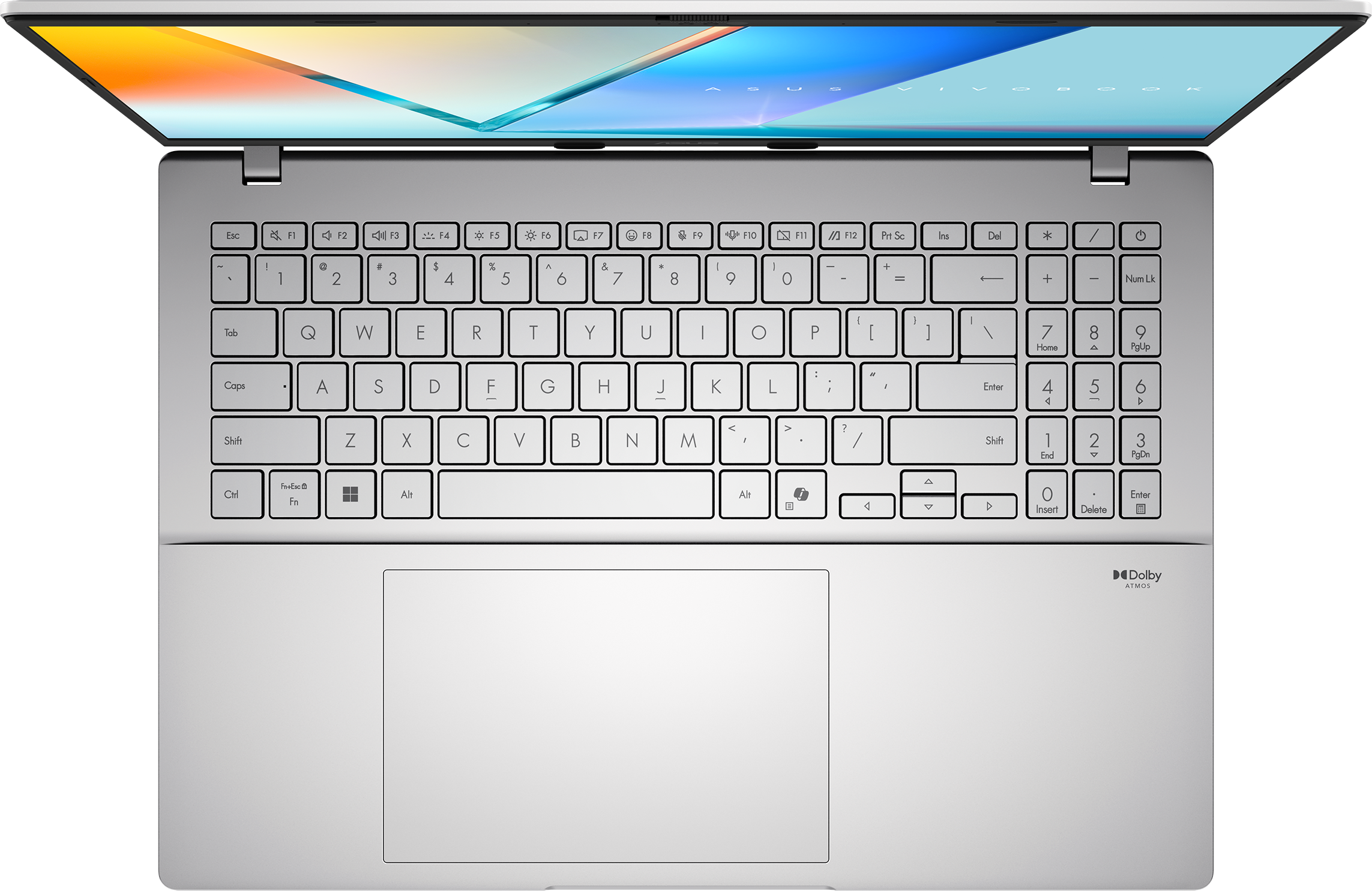 Ein offener silberner Laptop mit beleuchteter Tastatur und einem farbigen Hintergrundbild.
