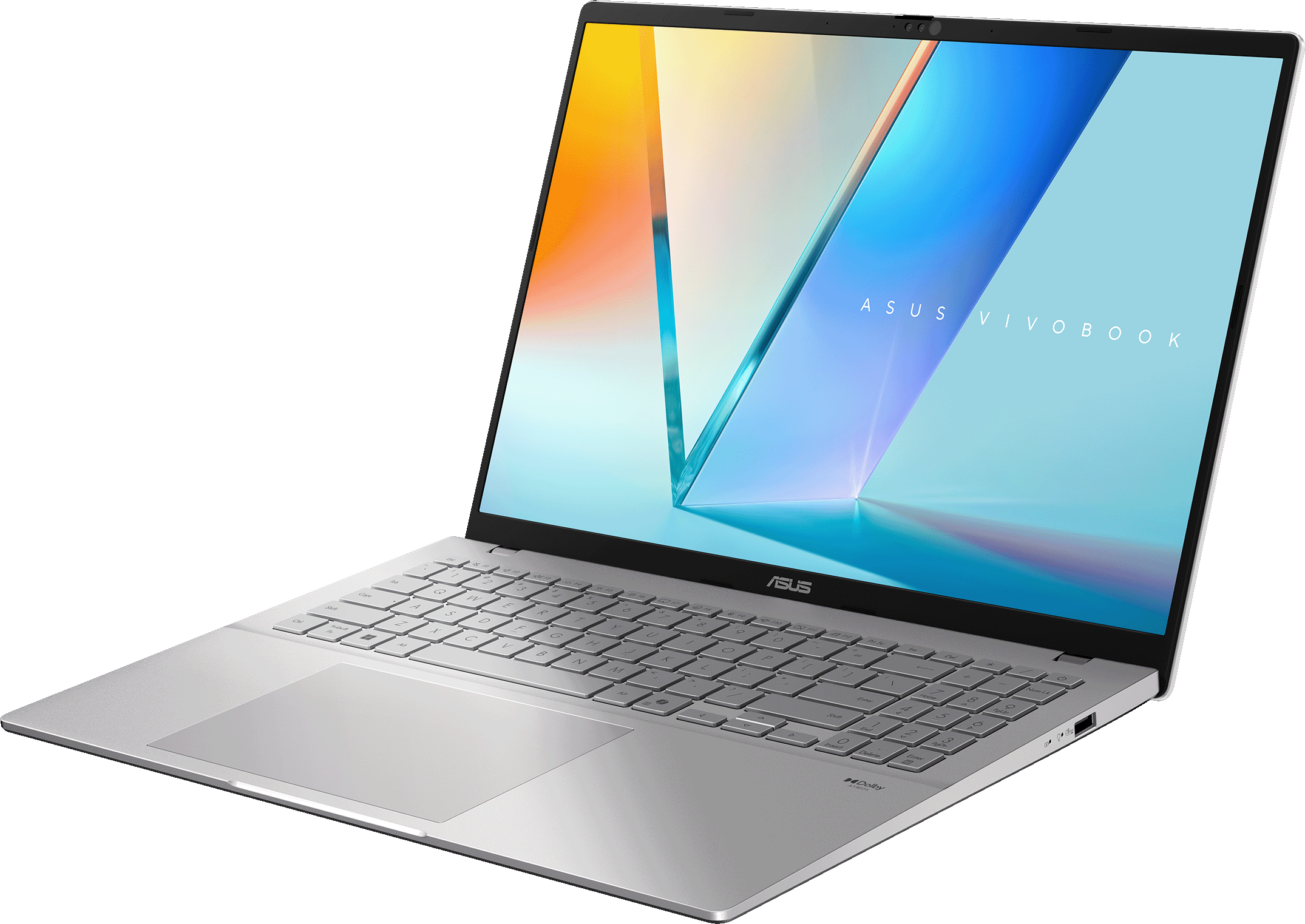 Ein silberner Asus Vivobook Laptop mit beleuchteter Tastatur und großem Touchpad.