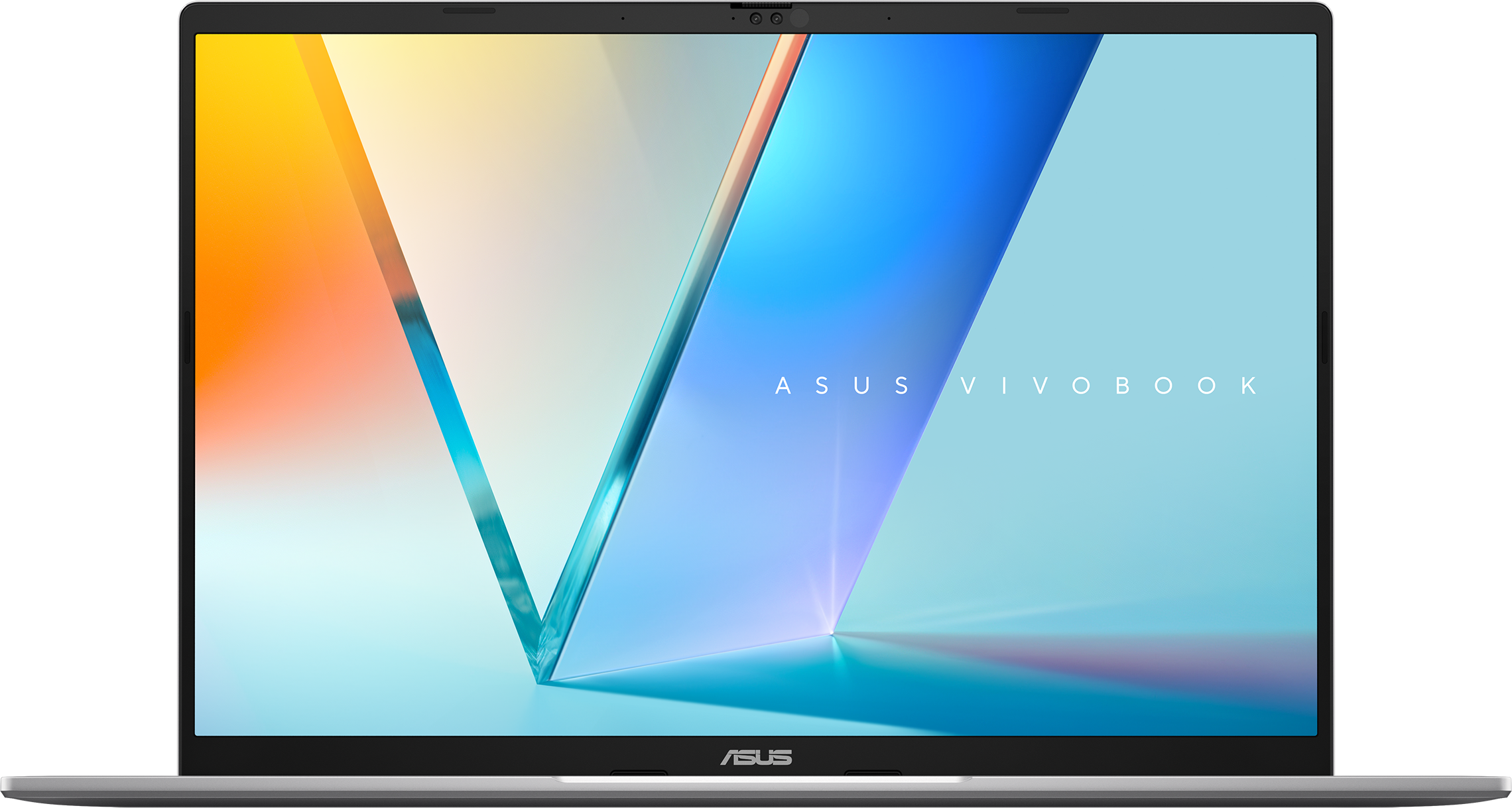 Ein silberner ASUS Vivobook Laptop mit einem bunten Hintergrund auf dem Bildschirm.