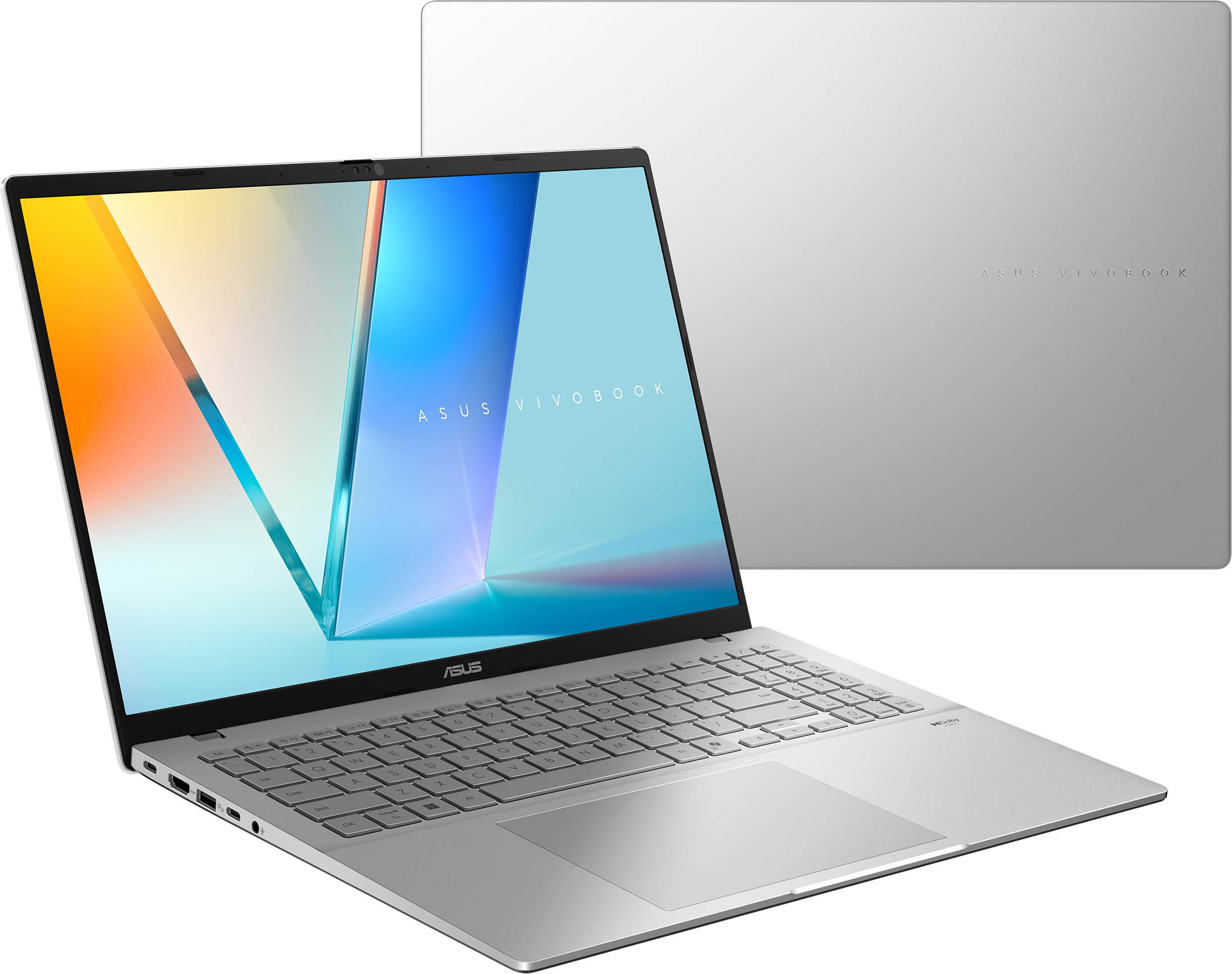 Ein silberner Asus Vivobook Laptop, geöffnet und von vorne gezeigt.