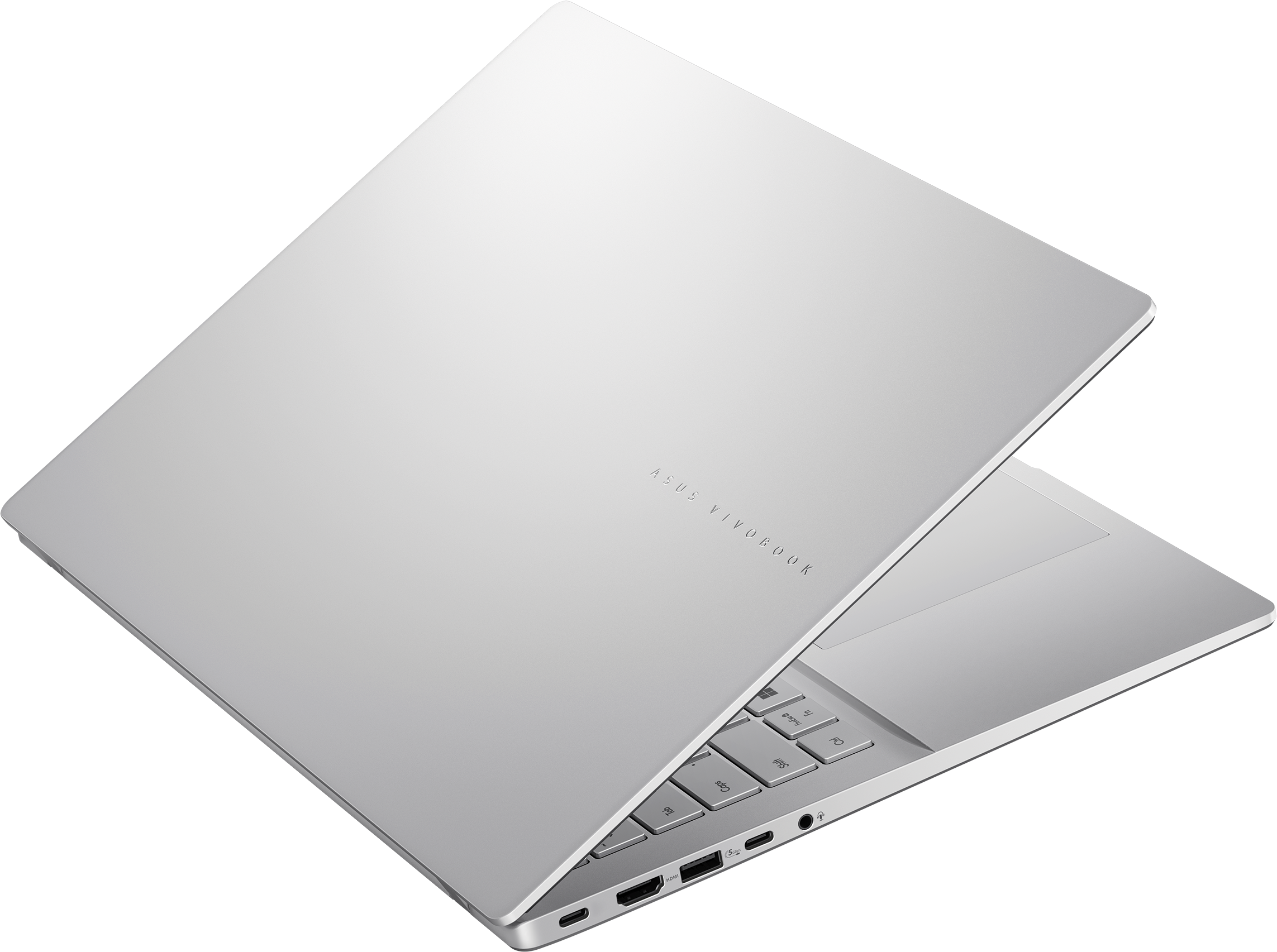 Silberner ASUS VivoBook Laptop mit geöffnetem Deckel und sichtbarer Tastatur.