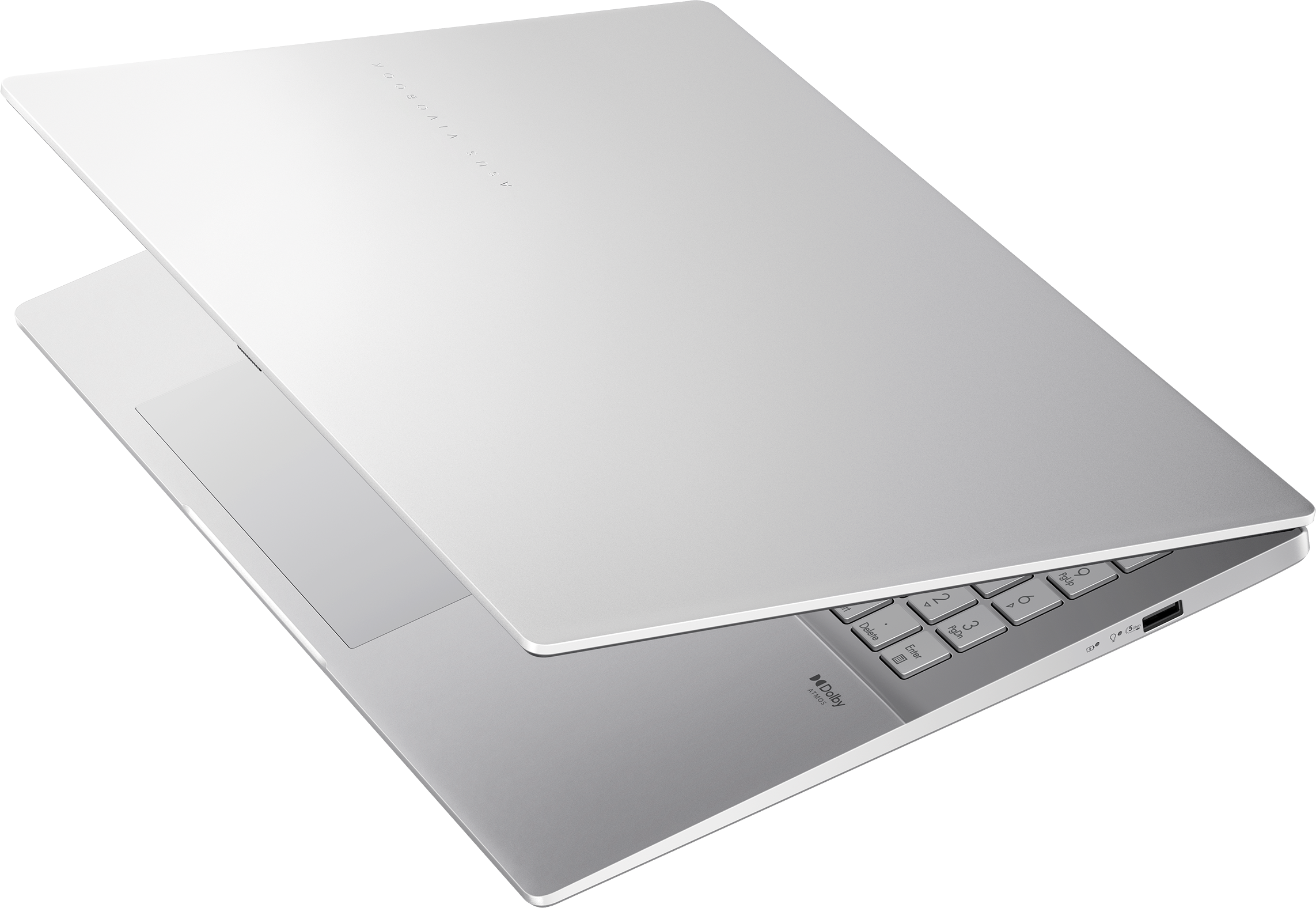 Ein silberner Laptop mit geöffnetem Deckel, der auf einem schwarzen Hintergrund liegt.