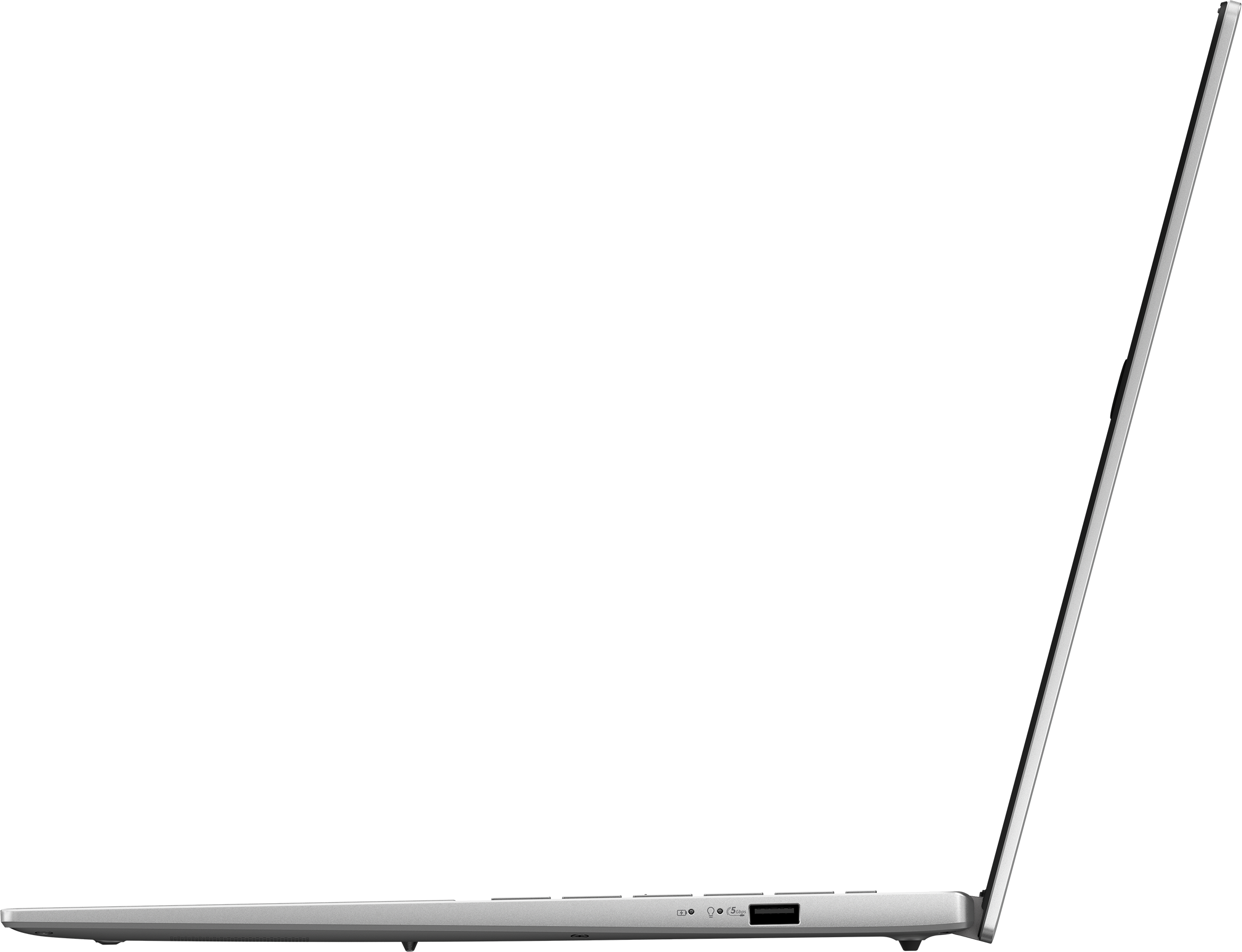 Silberner Laptop mit Lüftungsschlitzen und Anschlüssen.