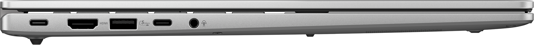 Silberner Laptop mit USB-C, HDMI, USB-A, 5Gbps und Klinkenanschluss.