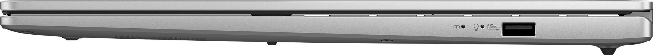 Silberner Laptop-Rand mit USB-Anschluss und Symbolen für Akku und Licht.