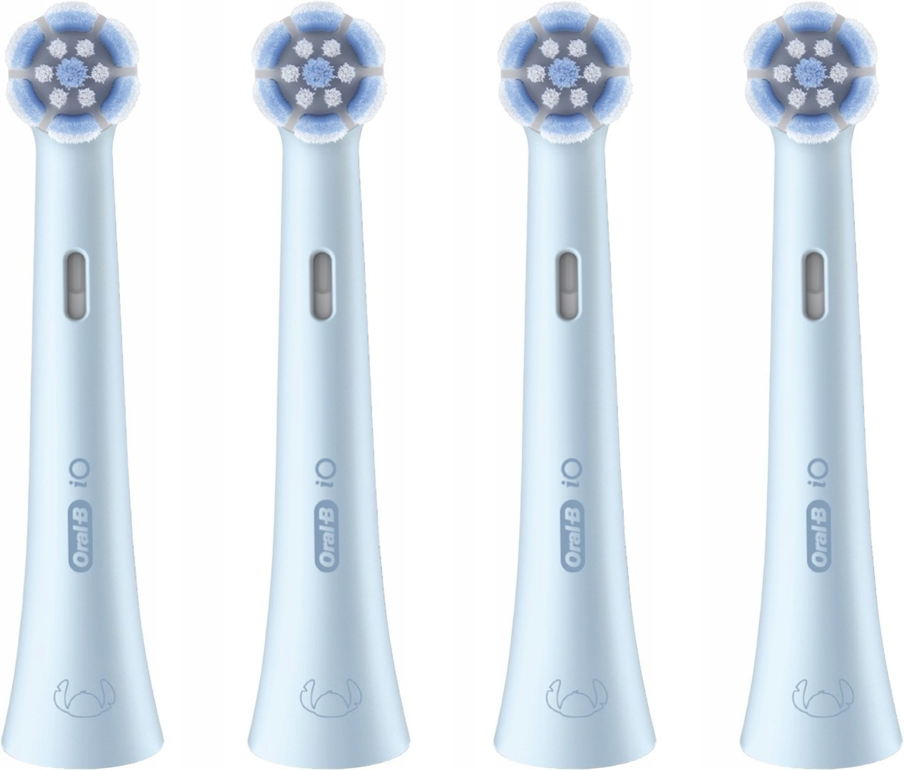Cztery jasnoniebieskie główki szczoteczki do zębów z niebieskim włosiem.