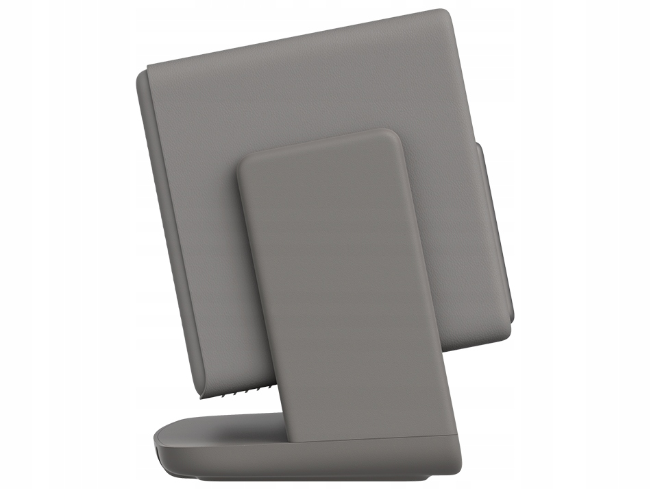 Szary stojak z dwoma szarymi liśćmi pochylonymi w prawo.